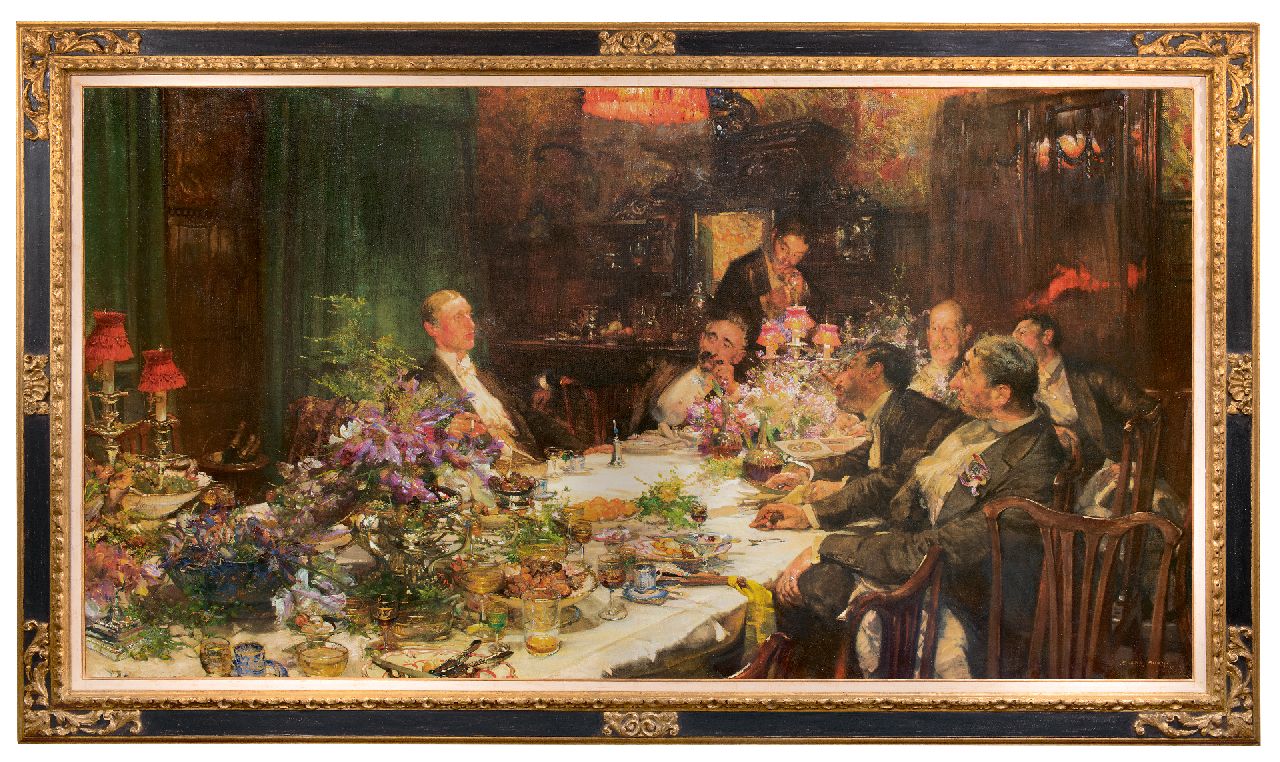 Bundy E. | Edgar Bundy | Schilderijen te koop aangeboden | Tijd voor geldzaken, olieverf op doek 135,0 x 256,0 cm, gesigneerd rechtsonder en gedateerd 1913 Bundy E. | Edgar Bundy | Schilderijen te koop aangeboden | Tijd voor geldzaken, olieverf op doek 135,0 x 256,0 cm, gesigneerd rechtsonder en gedateerd 1913