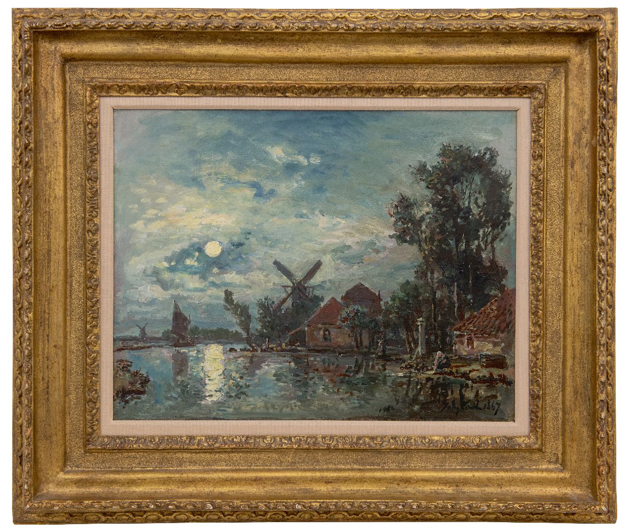 Jongkind J.B.  | Johan Barthold Jongkind | Schilderijen te koop aangeboden | Maanverlicht rivierlandschap, Holland, olieverf op doek 33,6 x 43,3 cm, gesigneerd rechtsonder en gedateerd 1867