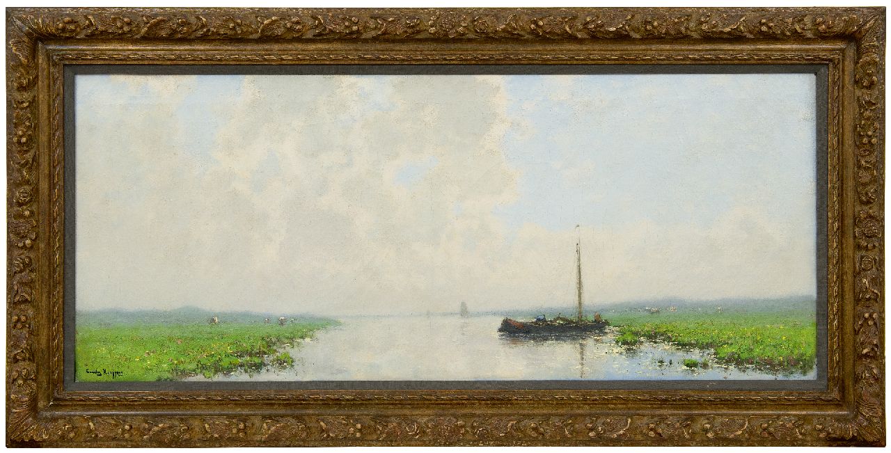 Kuijpers C.  | Cornelis Kuijpers, Afgemeerde schuit in weids rivierlandschap, olieverf op doek 45,7 x 108,6 cm, gesigneerd linksonder