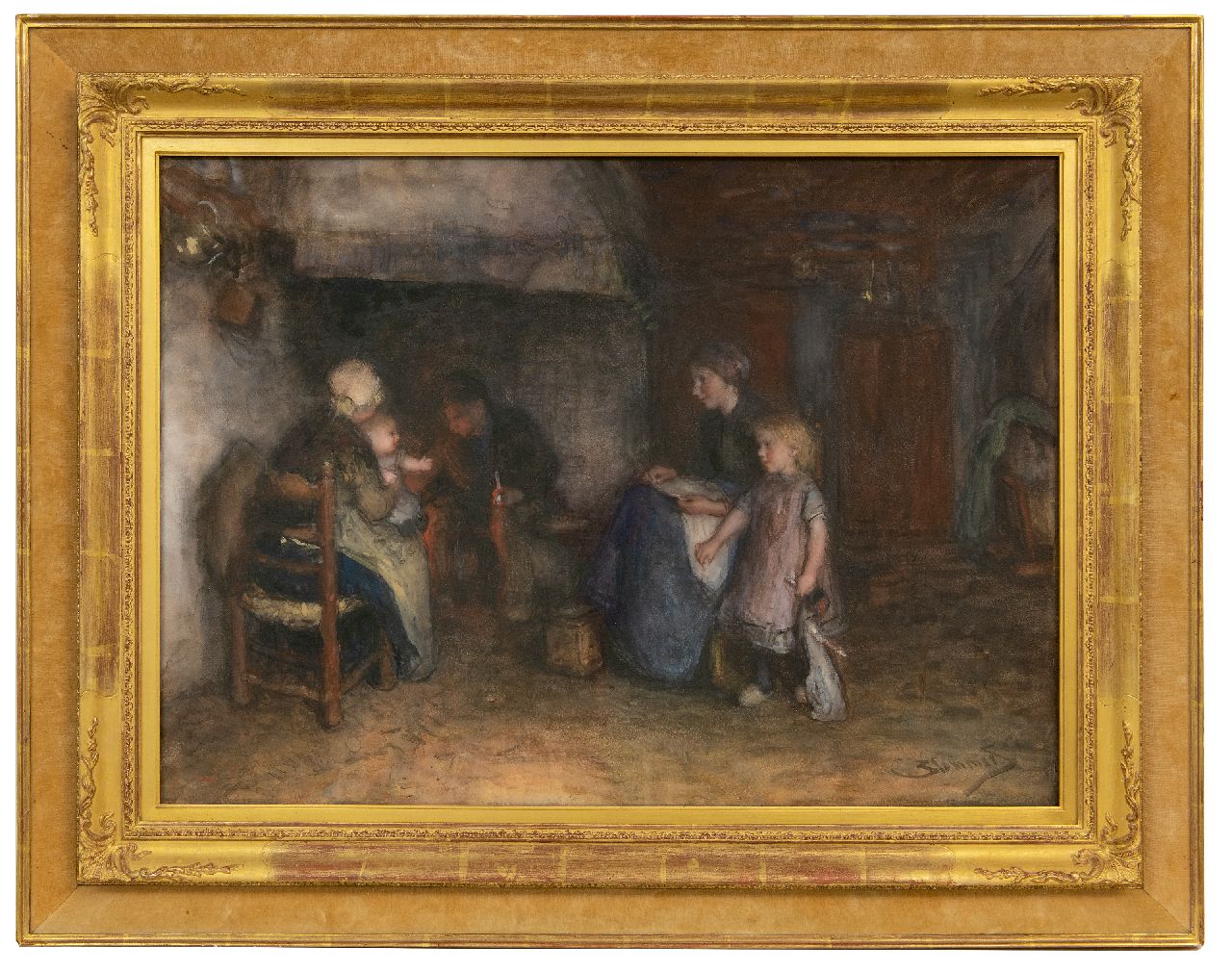 Blommers B.J.  | Bernardus Johannes 'Bernard' Blommers | Aquarellen en tekeningen te koop aangeboden | Vissersfamilie bij de haard, aquarel op papier 51,7 x 71,0 cm, gesigneerd rechtsonder