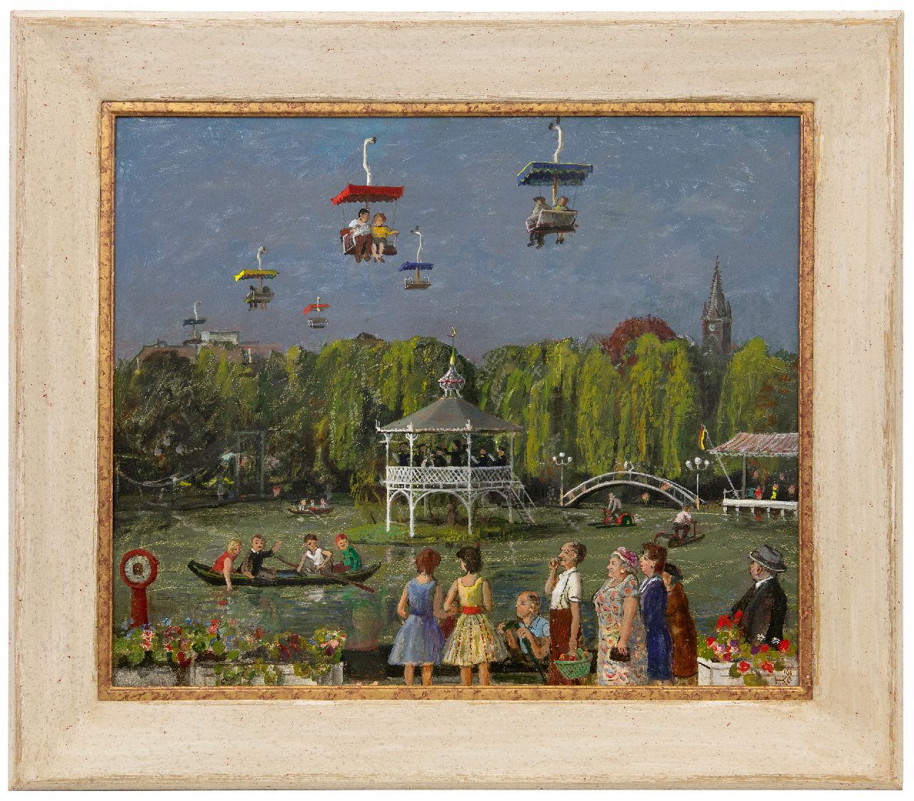 Kamerlingh Onnes H.H.  | 'Harm' Henrick Kamerlingh Onnes | Schilderijen te koop aangeboden | Pret in het kabelbaanpark van Valkenburg, olieverf op board 49,7 x 59,8 cm, gesigneerd rechtsonder met monogram en gedateerd '60