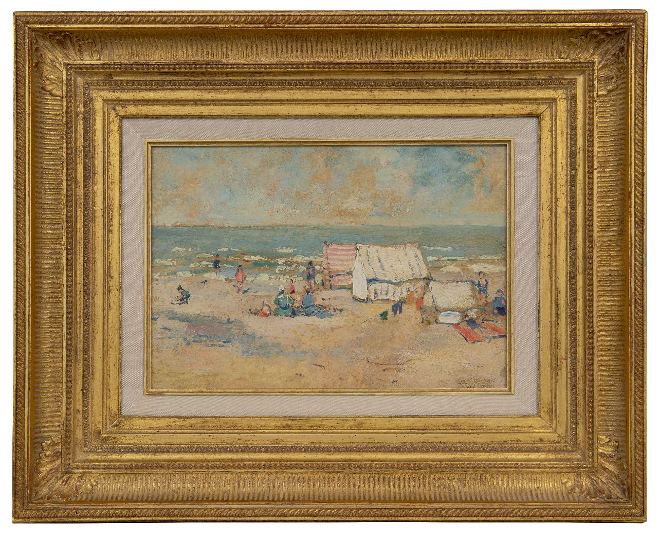 Houbolt E. | 'Eduard' Johannes Fredericus Houbolt | Schilderijen te koop aangeboden | Badgasten op het stille strand, Scheveningen, olieverf op paneel 22,4 x 31,6 cm, gesigneerd rechtsonder en gedateerd 1939 Houbolt E. | 'Eduard' Johannes Fredericus Houbolt | Schilderijen te koop aangeboden | Badgasten op het stille strand, Scheveningen, olieverf op paneel 22,4 x 31,6 cm, gesigneerd rechtsonder en gedateerd 1939