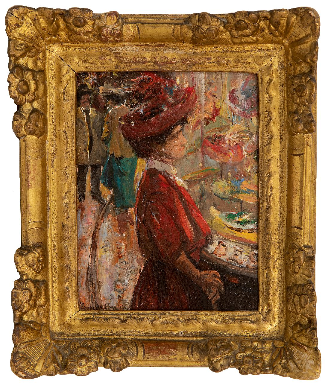 Helfferich F.W.  | Franciscus Willem 'Frans' Helfferich | Schilderijen te koop aangeboden | Elegante dame voor Haagse hoedenwinkel, olieverf op paneel 16,0 x 11,8 cm, gesigneerd linksonder