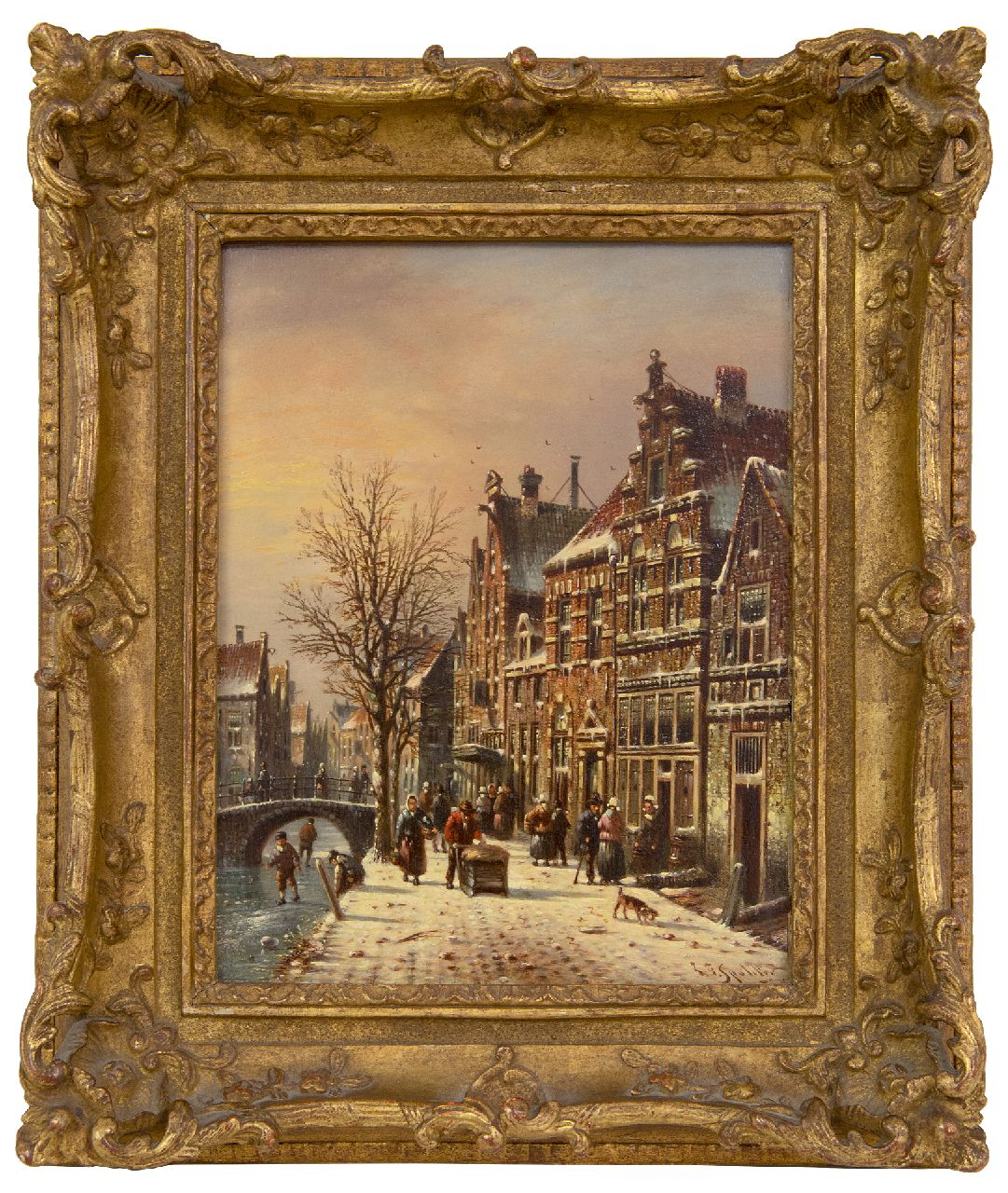 Spohler J.F.  | Johannes Franciscus Spohler | Schilderijen te koop aangeboden | Winters stadsgezicht  (pendant van zomer), olieverf op paneel 20,9 x 15,9 cm, gesigneerd rechtsonder