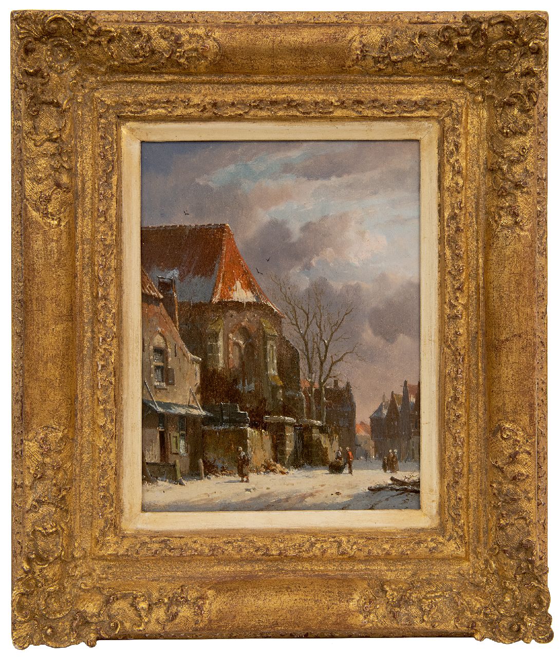 Eversen A.  | Adrianus Eversen | Schilderijen te koop aangeboden | Figuren bij een kerkpoort in de winter (pendant van 25438), olieverf op paneel 19,3 x 14,9 cm, gesigneerd rechtsonder met monogram