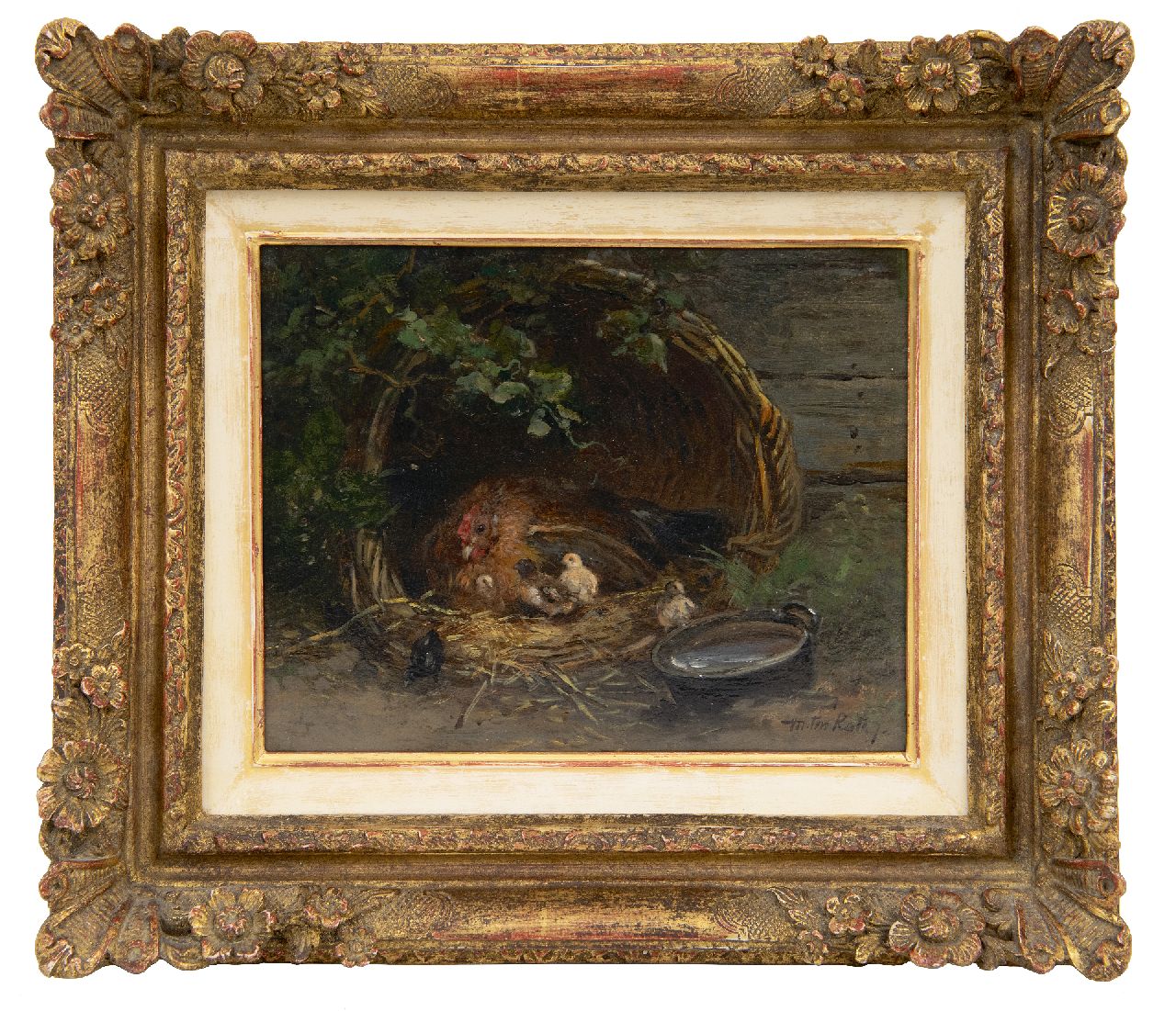 Kate J.M.H. ten | Johan 'Mari' Henri ten Kate, Hen met kuikens in een korf, olieverf op paneel 15,5 x 19,7 cm, gesigneerd rechtsonder