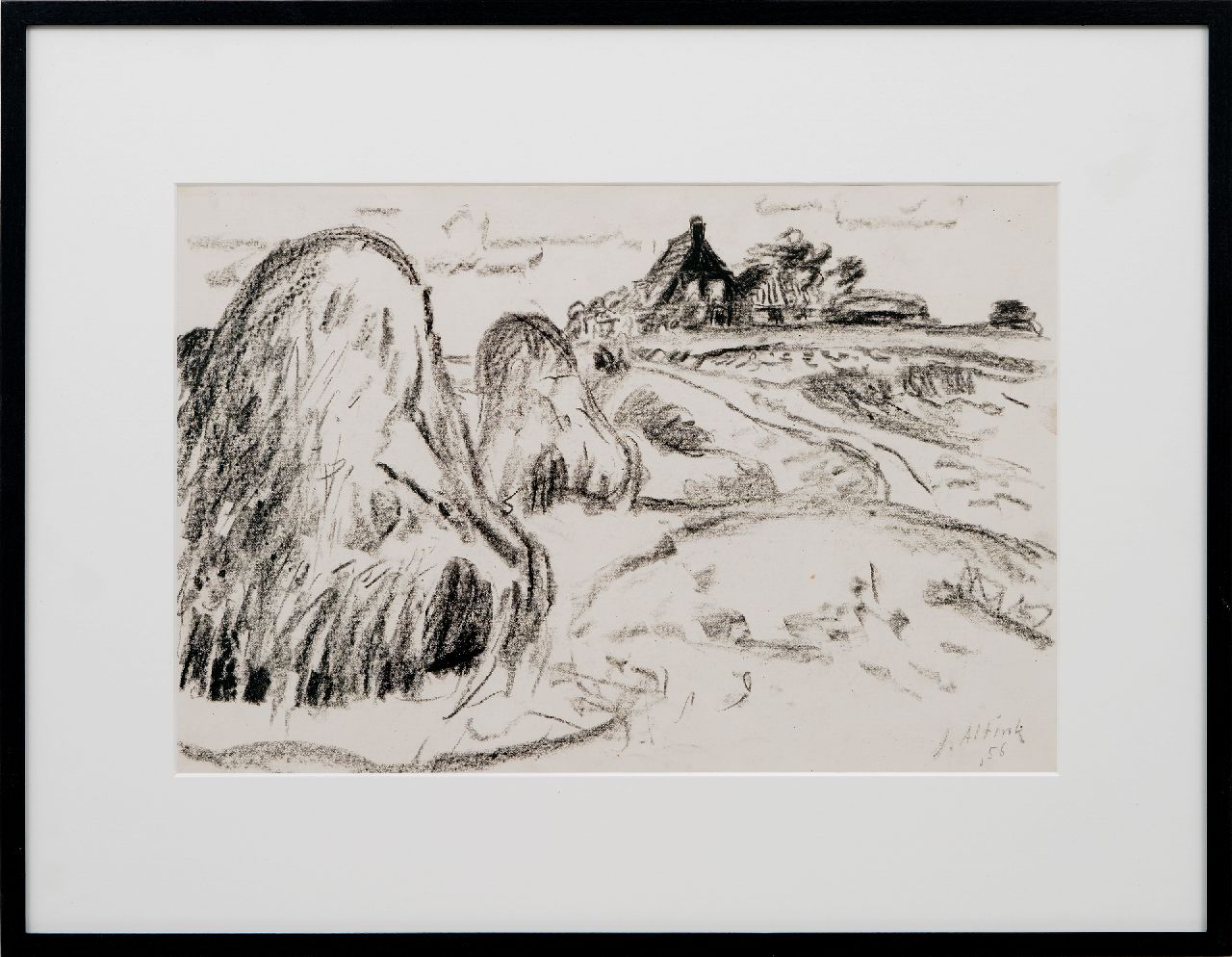 Altink J. | Jan Altink, Boerenerf met hooischelven, zwart krijt op papier 31,9 x 48,4 cm, gesigneerd rechtsonder en gedateerd '56 Altink J. | Jan Altink, Boerenerf met hooischelven, zwart krijt op papier 31,9 x 48,4 cm, gesigneerd rechtsonder en gedateerd '56
