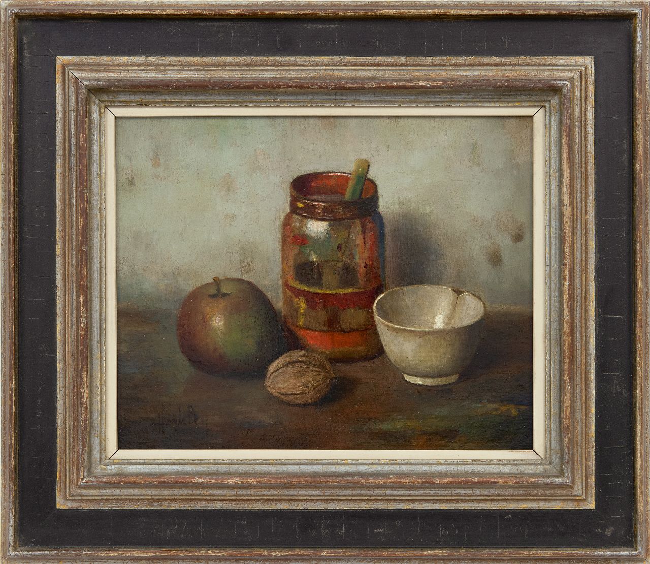 Bos H. | Hendrik 'Henk' Bos, Stilleven met appel en walnoot, olieverf op doek 24,8 x 31,1 cm, gesigneerd linksonder Bos H. | Hendrik 'Henk' Bos, Stilleven met appel en walnoot, olieverf op doek 24,8 x 31,1 cm, gesigneerd linksonder