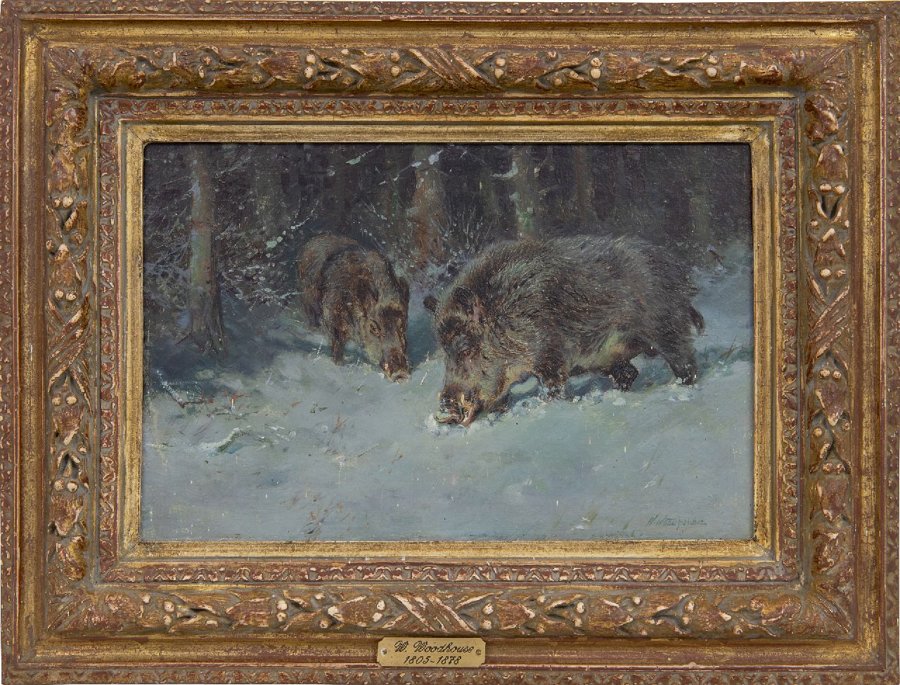Woodhouse W.  | William Woodhouse | Schilderijen te koop aangeboden | Twee wilde zwijnen in de sneeuw, olieverf op paneel 20,0 x 30,0 cm, gesigneerd rechtsonder