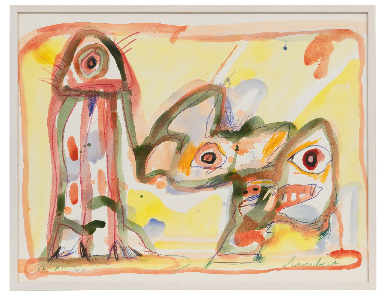 Lucebert (Lubertus Jacobus Swaanswijk)   | Lucebert (Lubertus Jacobus Swaanswijk) | Aquarellen en tekeningen te koop aangeboden | Zonder titel, krijt en aquarel op papier 65,4 x 49,8 cm, gesigneerd rechtsonder en gedateerd '82.XI.22