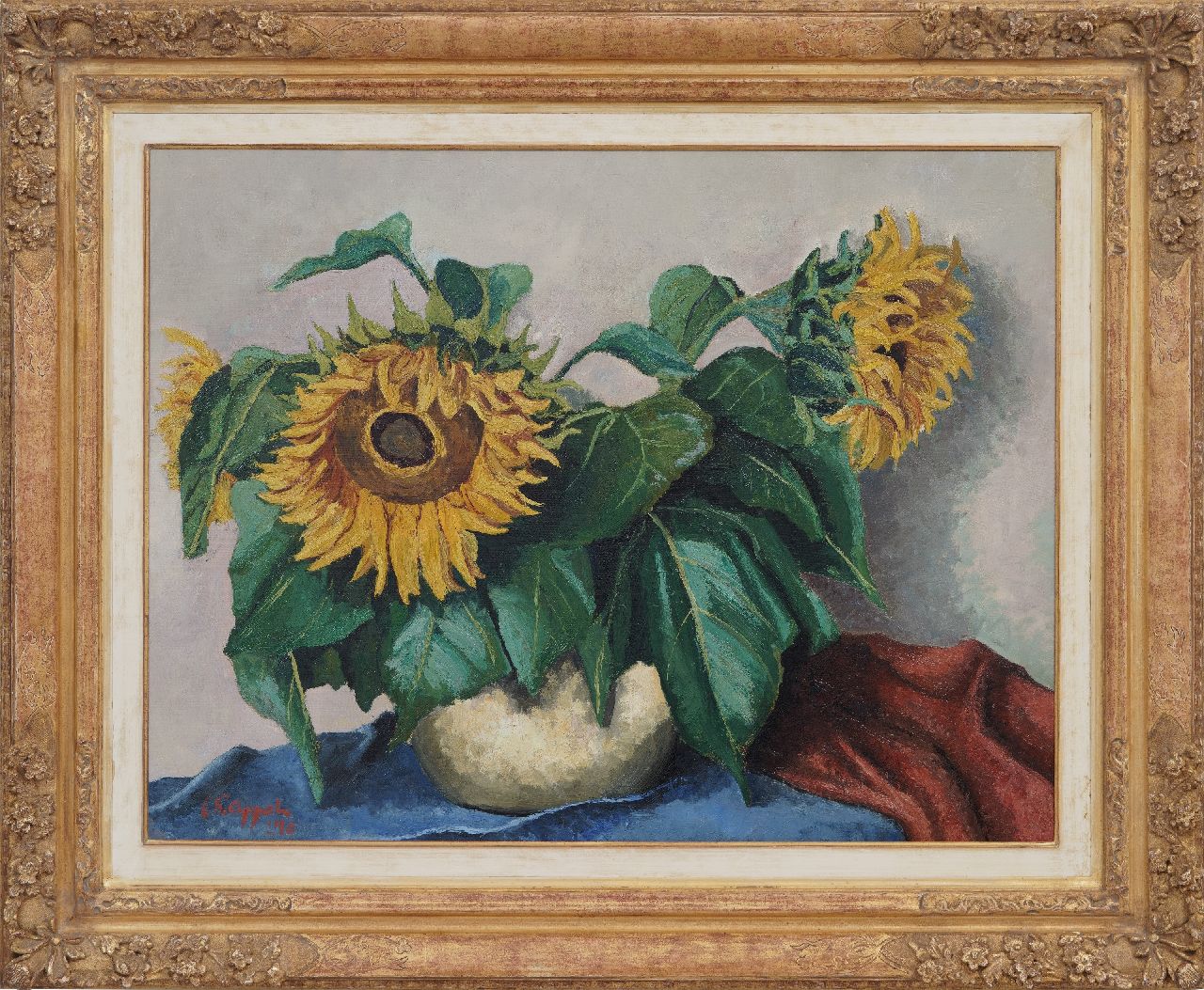 Appel C.K.  | Christiaan 'Karel' Appel |  te koop aangeboden | Stilleven met zonnebloemen, olieverf op papier op doek op paneel - (oil on paper on canvas laid down on panel) 71,0 x 90,0 cm, gesigneerd linksonder en gedateerd '40 VERKOCHT