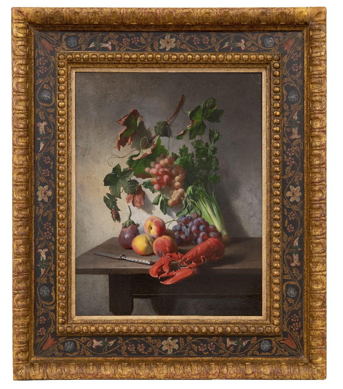 Noter D.E.J. de | 'David' Emile Joseph de Noter | Schilderijen te koop aangeboden | Stilleven met groente, fruit, kreeft en een mes, olieverf op paneel 37,0 x 28,3 cm, gesigneerd rechtsonder Noter D.E.J. de | 'David' Emile Joseph de Noter | Schilderijen te koop aangeboden | Stilleven met groente, fruit, kreeft en een mes, olieverf op paneel 37,0 x 28,3 cm, gesigneerd rechtsonder