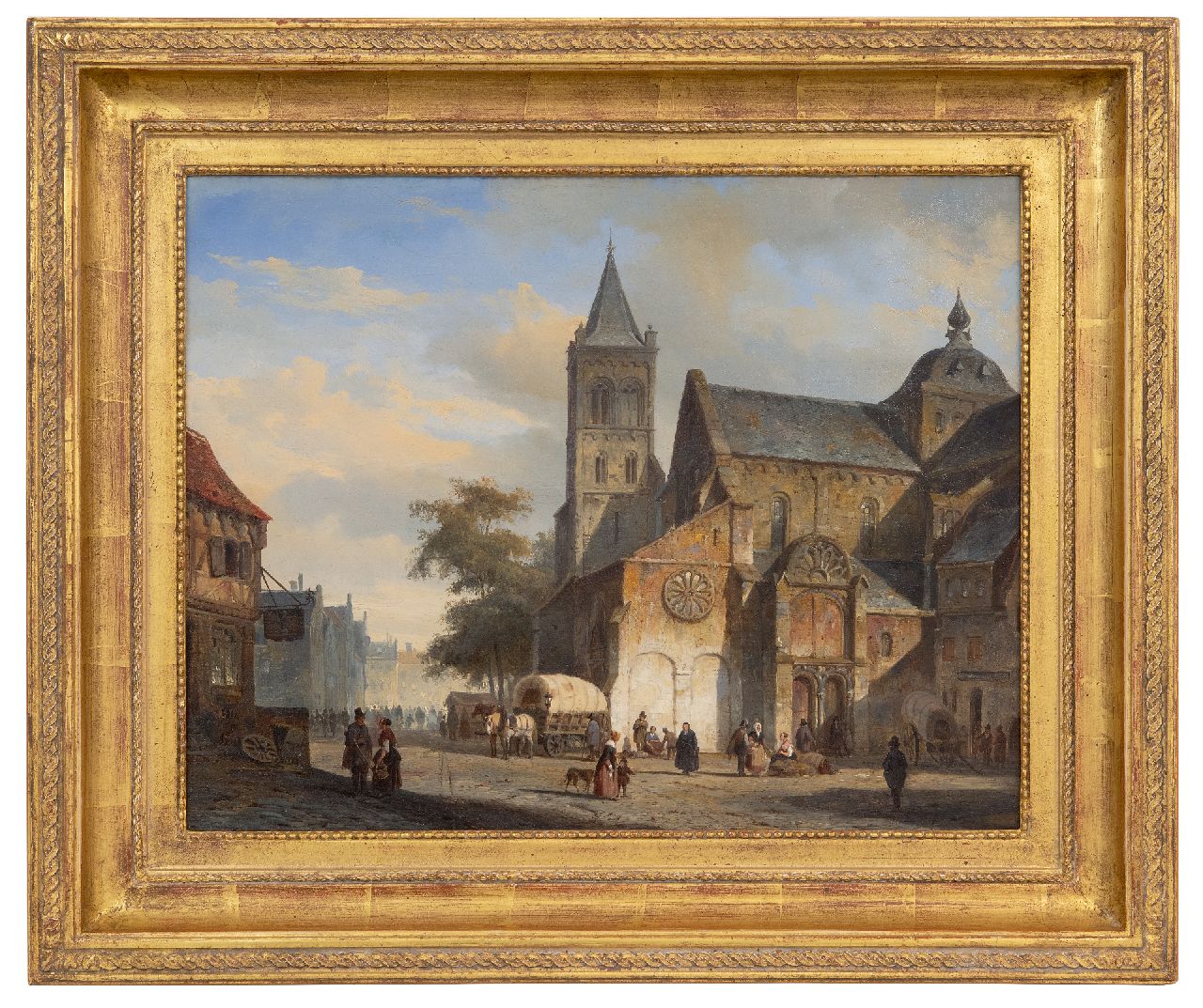 Springer C. | Cornelis Springer | Schilderijen te koop aangeboden | Hollands stadsplein met kerk en huifkar, olieverf op doek 36,5 x 46,0 cm, gesigneerd linksonder met monogram en gedateerd '44 Springer C. | Cornelis Springer | Schilderijen te koop aangeboden | Hollands stadsplein met kerk en huifkar, olieverf op doek 36,5 x 46,0 cm, gesigneerd linksonder met monogram en gedateerd '44