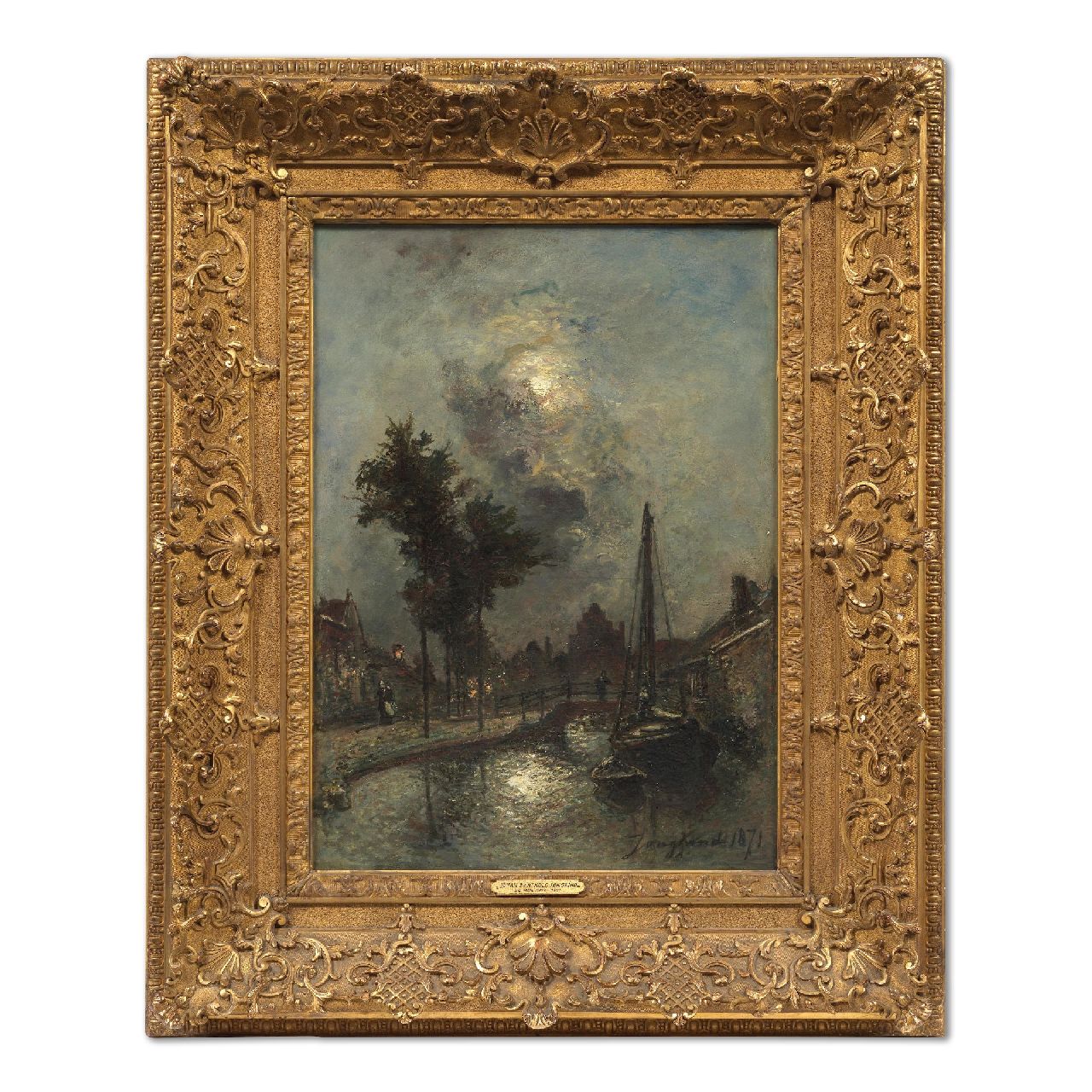 Jongkind J.B. | Johan Barthold Jongkind | Schilderijen te koop aangeboden | Bruggetje bij maanlicht, Dordrecht, olieverf op doek 46,2 x 33,6 cm, gesigneerd rechtsonder en gedateerd 1871 Jongkind J.B. | Johan Barthold Jongkind | Schilderijen te koop aangeboden | Bruggetje bij maanlicht, Dordrecht, olieverf op doek 46,2 x 33,6 cm, gesigneerd rechtsonder en gedateerd 1871