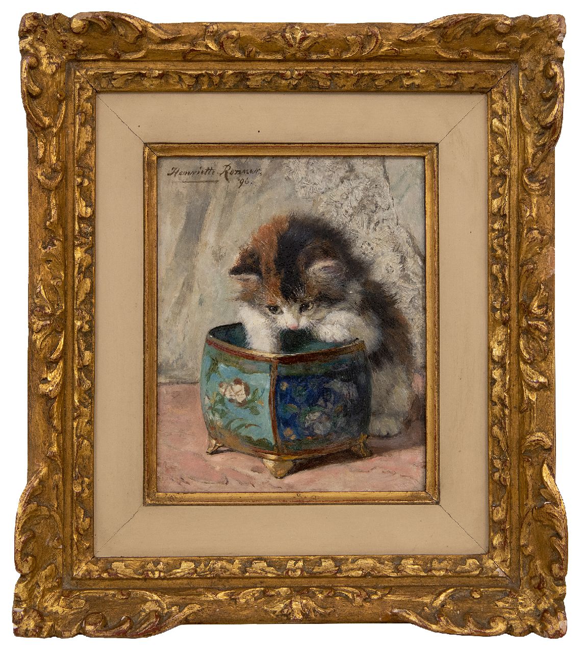 Ronner-Knip H. | Henriette Ronner-Knip | Schilderijen te koop aangeboden | Kitten spelend met een sierpot, olieverf op paneel 20,0 x 16,0 cm, gesigneerd linksboven en gedateerd '96 Ronner-Knip H. | Henriette Ronner-Knip | Schilderijen te koop aangeboden | Kitten spelend met een sierpot, olieverf op paneel 20,0 x 16,0 cm, gesigneerd linksboven en gedateerd '96