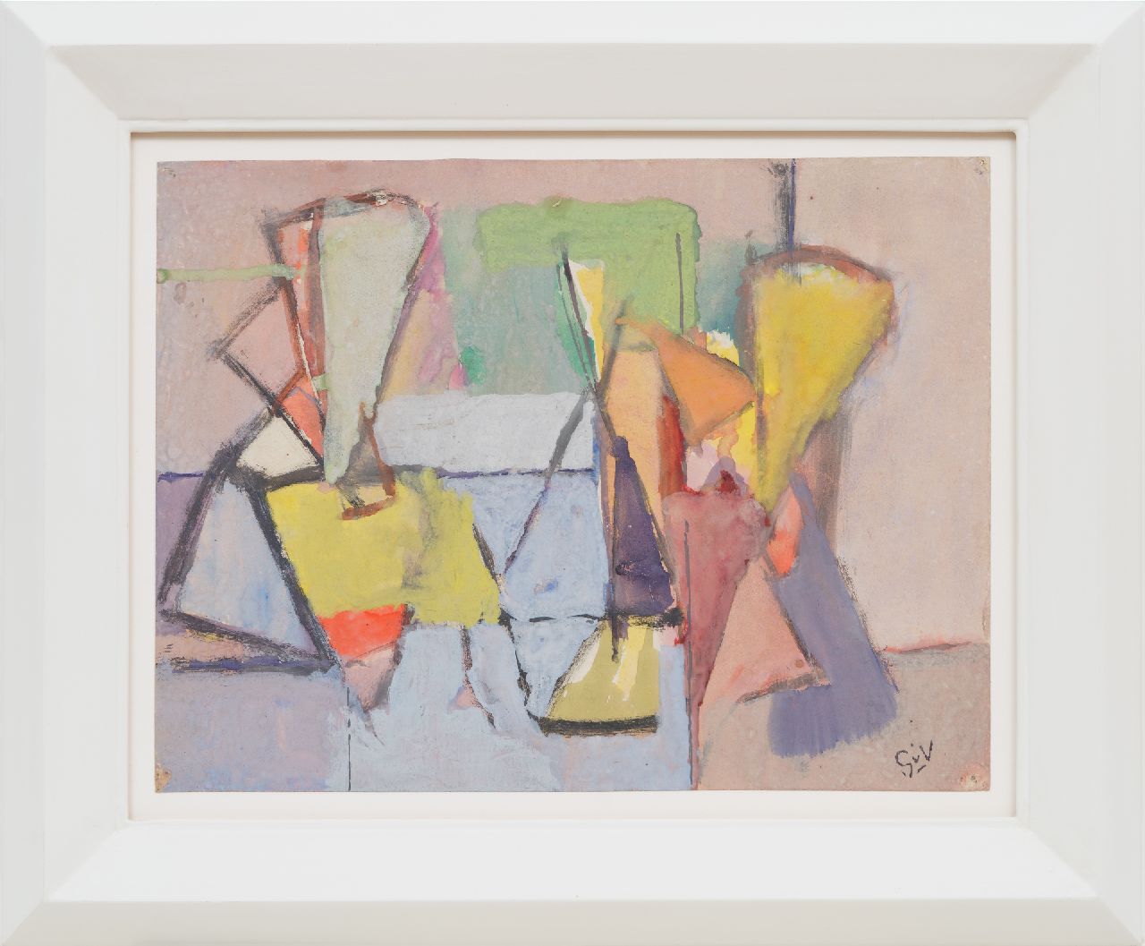 Velde G. van | Gerardus 'Geer' van Velde | Aquarellen en tekeningen te koop aangeboden | Personages autour d'une table (Figuren rond een tafel); verso: Stilleven bij raam, aquarel en gouache op papier 23,8 x 31,7 cm, gesigneerd rechtsonder en te dateren ca. 1944