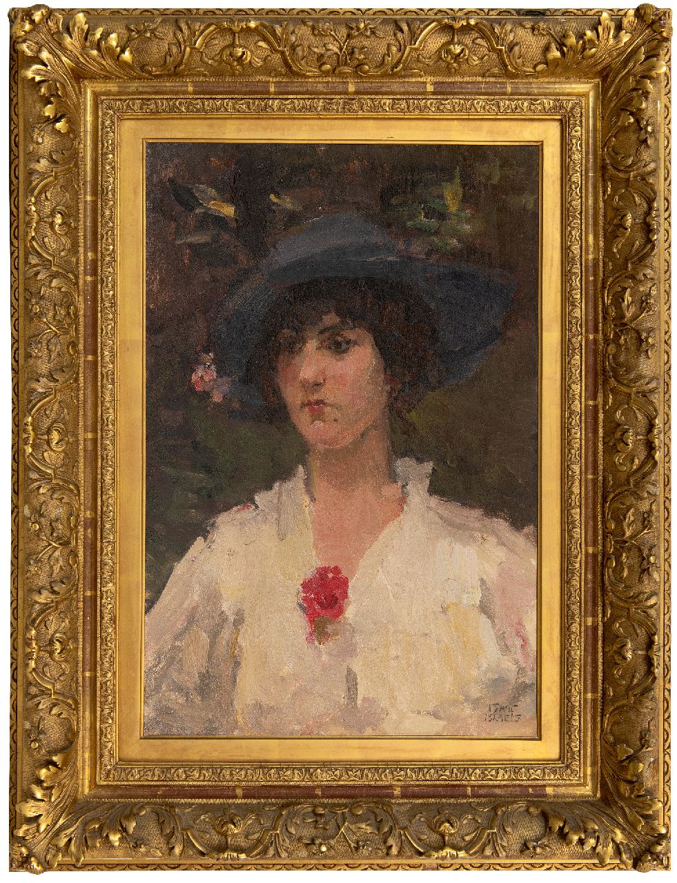 Israels I.L.  | 'Isaac' Lazarus Israels | Schilderijen te koop aangeboden | Jonge vrouw met rode bloemcorsage, olieverf op doek 60,2 x 40,5 cm, gesigneerd rechtsonder