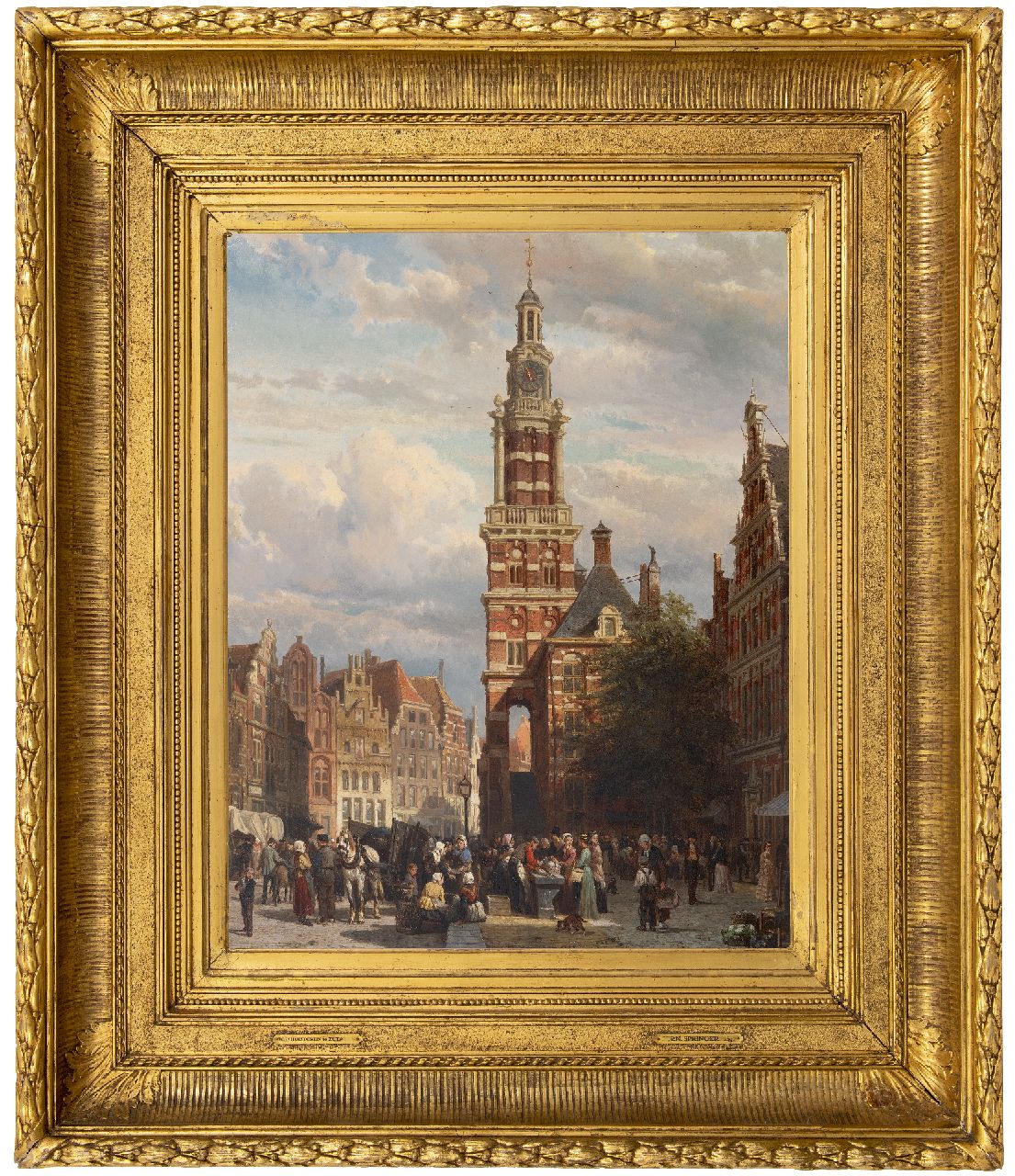 Springer C.  | Cornelis Springer | Schilderijen te koop aangeboden | Drukbevolkte markt voor de Wijnhuistoren in Zutphen, olieverf op paneel 60,2 x 47,5 cm, gesigneerd middenonder en gedateerd 1872