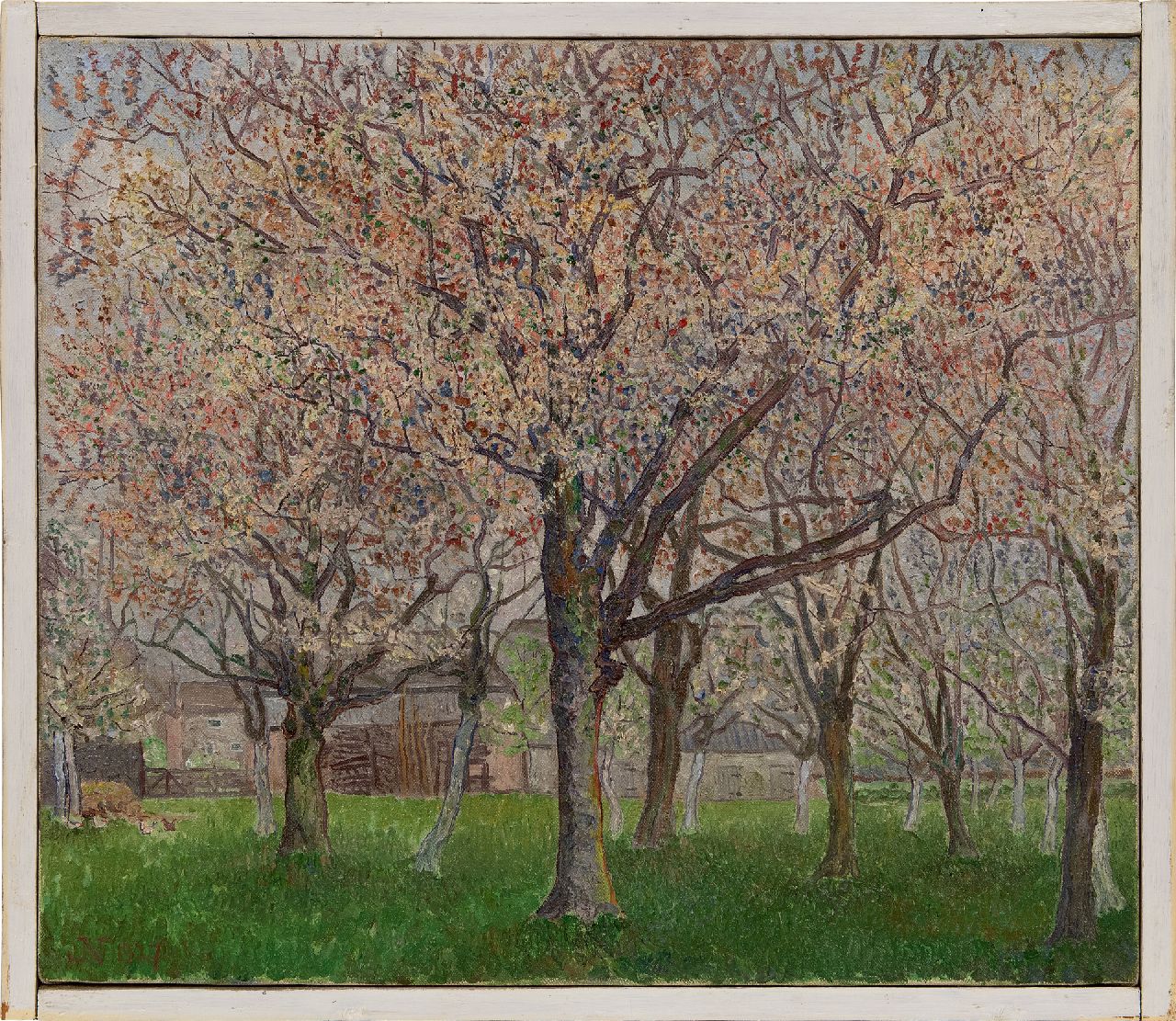 Nieweg J.  | Jakob Nieweg | Schilderijen te koop aangeboden | Bloeiende fruitboomgaard, olieverf op doek 55,8 x 65,1 cm, gesigneerd linksonder met monogram en gedateerd 1927