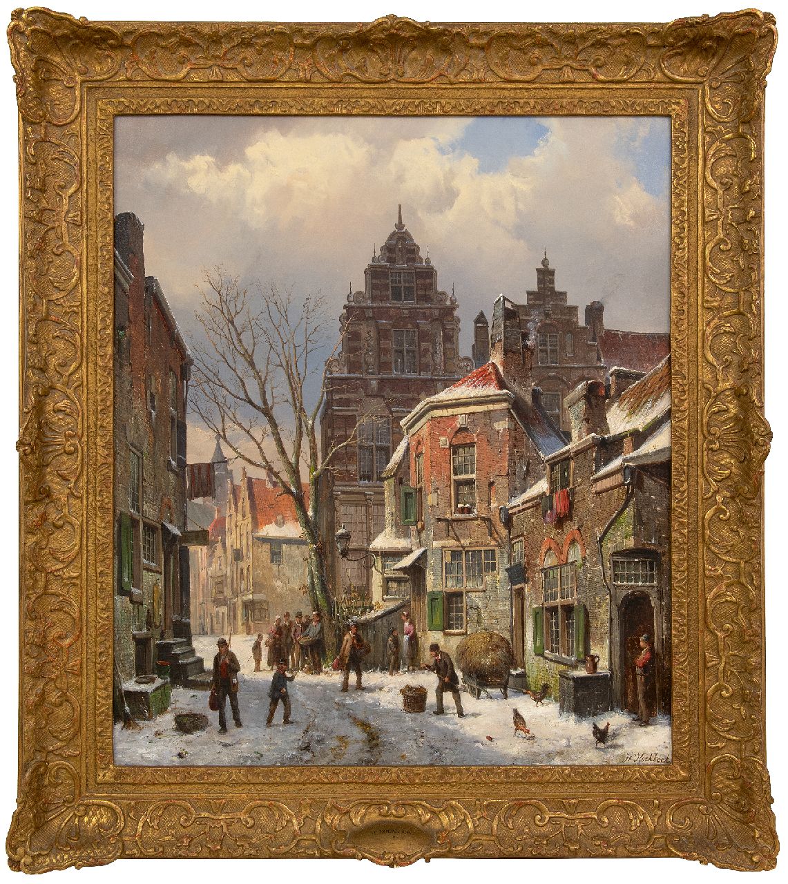 Koekkoek W.  | Willem Koekkoek | Schilderijen te koop aangeboden | Bedrijvig straatje in de sneeuw, olieverf op doek 70,0 x 59,8 cm, gesigneerd rechtsonder