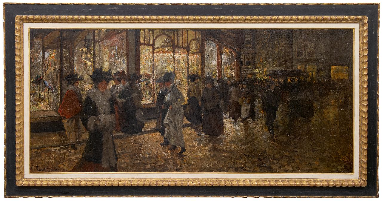 Helfferich F.W. | Franciscus Willem 'Frans' Helfferich | Schilderijen te koop aangeboden | Avondwinkelen in Den Haag, olieverf op doek 70,6 x 156,4 cm, gesigneerd linksonder Helfferich F.W. | Franciscus Willem 'Frans' Helfferich | Schilderijen te koop aangeboden | Avondwinkelen in Den Haag, olieverf op doek 70,6 x 156,4 cm, gesigneerd linksonder
