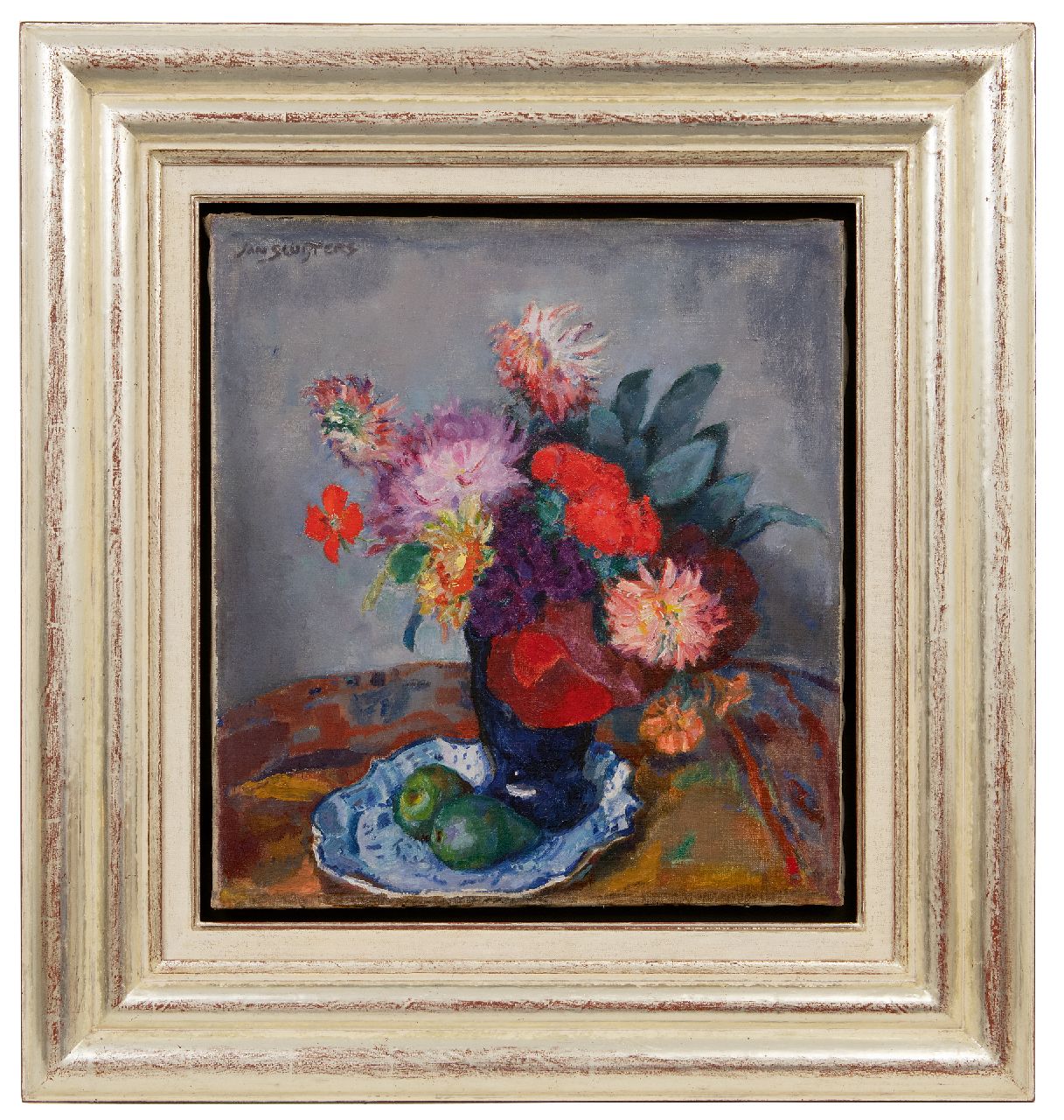Sluijters J.C.B.  | Johannes Carolus Bernardus 'Jan' Sluijters | Schilderijen te koop aangeboden | Zomerbloemen in een blauwe vaas op een schaal, olieverf op doek 53,9 x 49,0 cm, gesigneerd linksboven