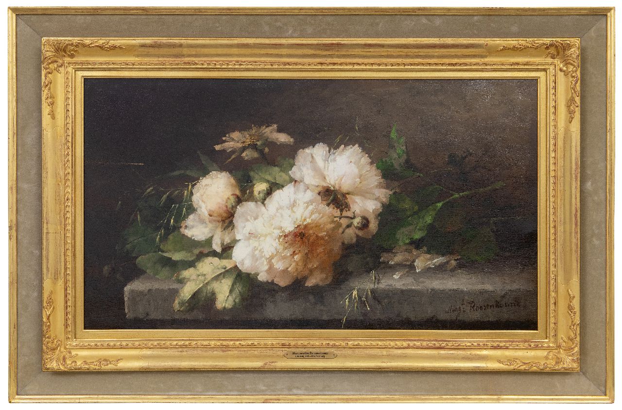 Roosenboom M.C.J.W.H.  | 'Margaretha' Cornelia Johanna Wilhelmina Henriëtta Roosenboom | Schilderijen te koop aangeboden | Pioenrozen op een stenen plint, olieverf op doek 40,5 x 71,8 cm, gesigneerd rechtsonder