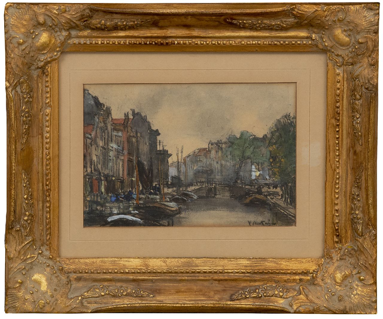 Arntzenius P.F.N.J. | Pieter Florentius Nicolaas Jacobus 'Floris' Arntzenius, Gezicht op een grachtje, zwart krijt en aquarel op papier 13,1 x 19,2 cm, gesigneerd rechtsonder Arntzenius P.F.N.J. | Pieter Florentius Nicolaas Jacobus 'Floris' Arntzenius, Gezicht op een grachtje, zwart krijt en aquarel op papier 13,1 x 19,2 cm, gesigneerd rechtsonder