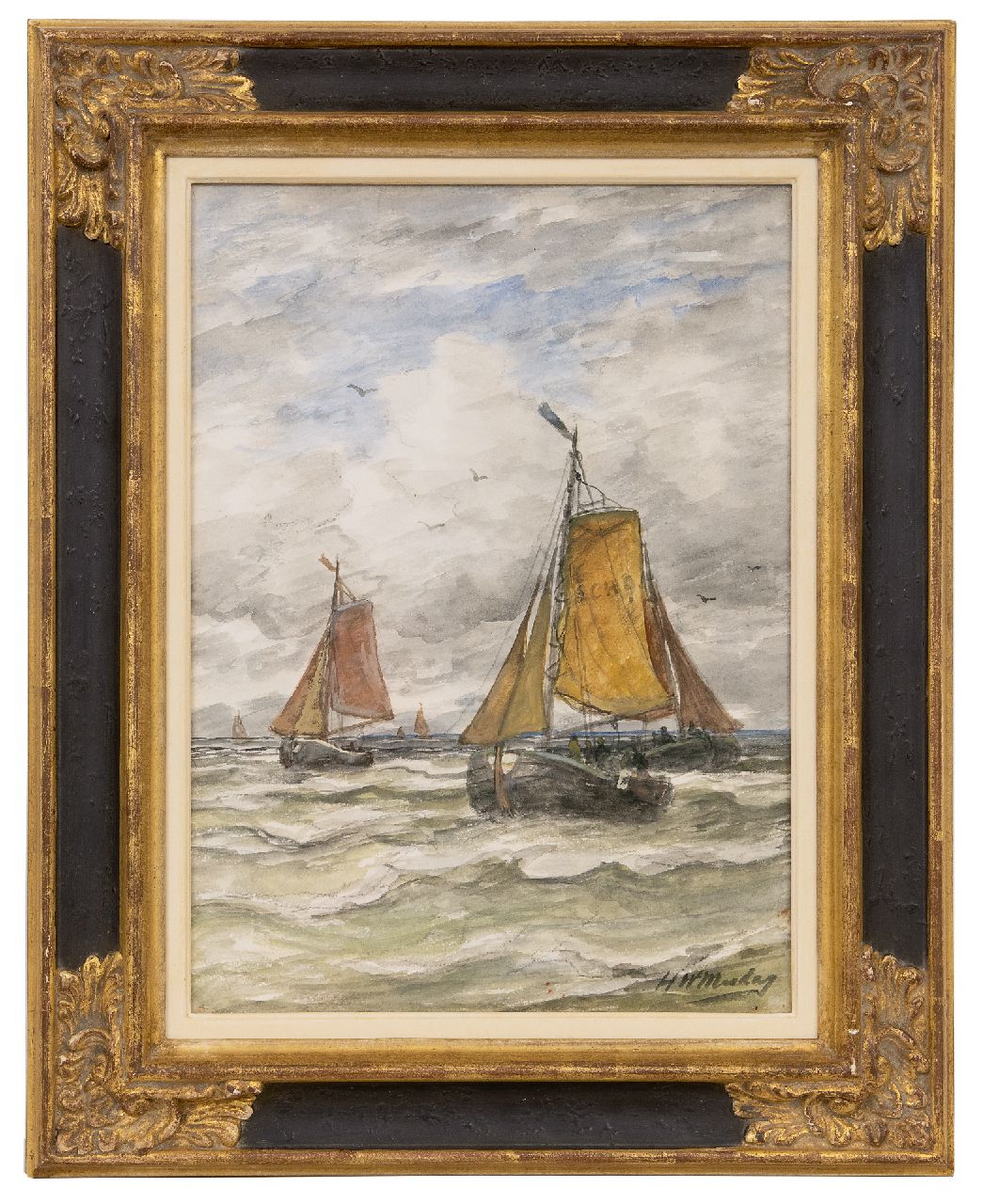 Mesdag H.W.  | Hendrik Willem Mesdag | Aquarellen en tekeningen te koop aangeboden | Terugkerende vissersvloot, houtskool en aquarel op papier 38,0 x 27,4 cm, gesigneerd rechtsonder