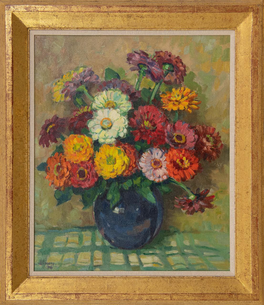 Viegers B.P.  | Bernardus Petrus 'Ben' Viegers | Schilderijen te koop aangeboden | Zinnia's in een blauwe vaas, olieverf op doek 60,3 x 50,4 cm, gesigneerd linksonder
