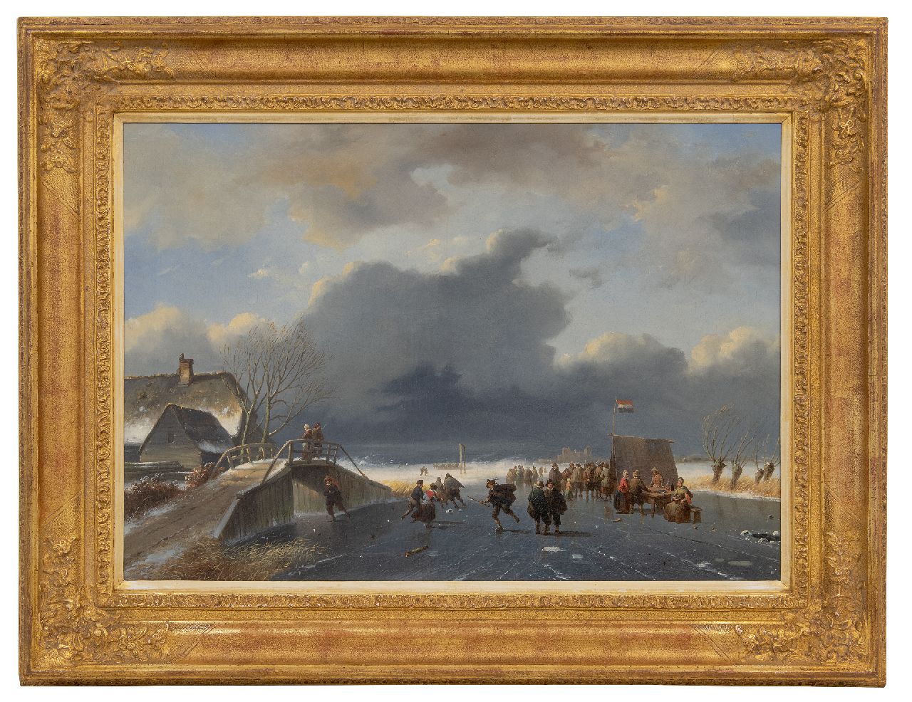 Roosenboom/Verboeckhoven Nicolaas Johannes/Eugène  | N.J./E. Roosenboom/Verboeckhoven | Schilderijen te koop aangeboden | IJspret bij opkomende sneeuwstorm (de figuren zijn van Eugène Verboeckhoven), olieverf op doek 48,1 x 68,0 cm