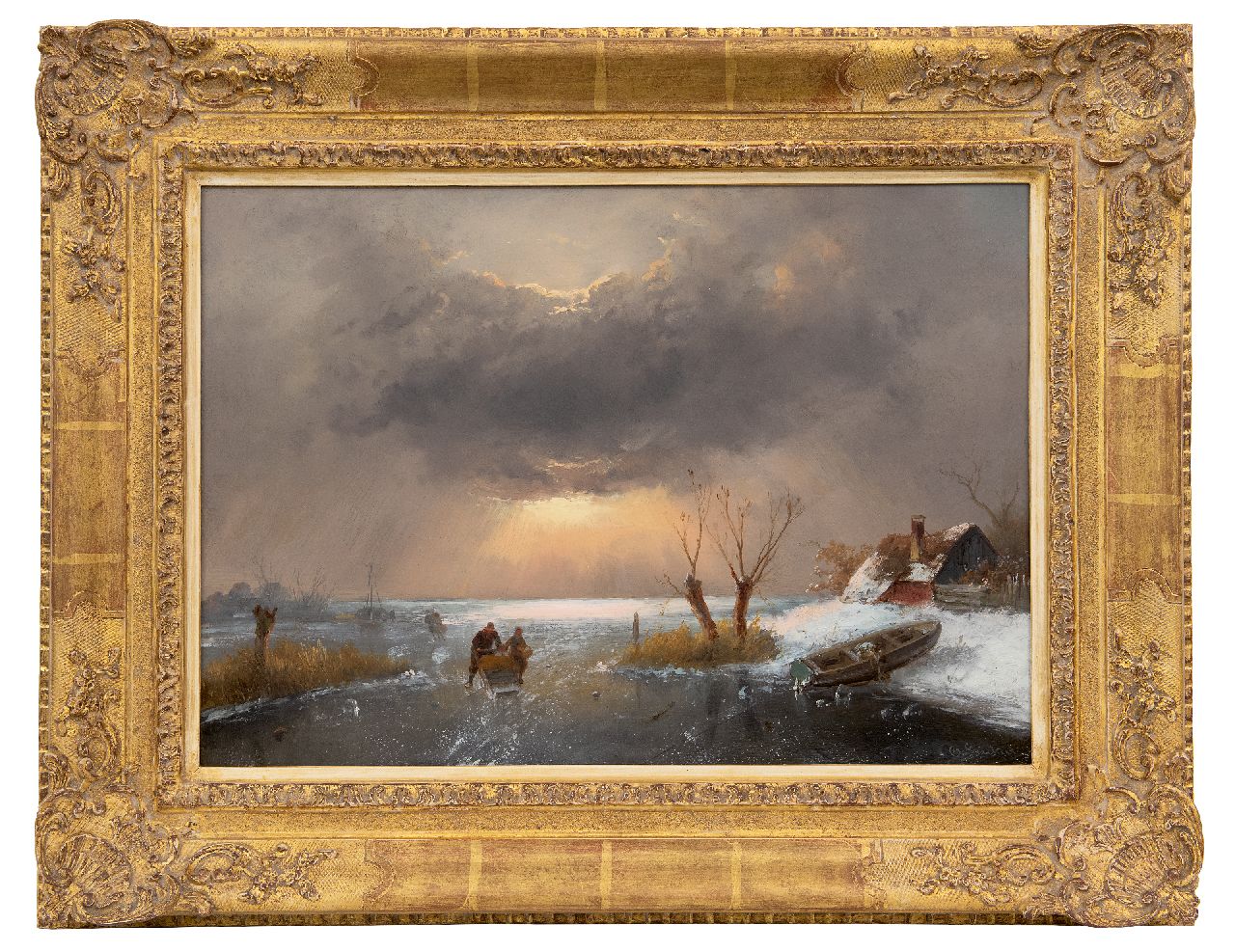 Leickert C.H.J. | 'Charles' Henri Joseph Leickert, Hollandse winter met schaatsers bij zonsondergang, olieverf op paneel 33,8 x 48,2 cm, gesigneerd rechtsonder Leickert C.H.J. | 'Charles' Henri Joseph Leickert, Hollandse winter met schaatsers bij zonsondergang, olieverf op paneel 33,8 x 48,2 cm, gesigneerd rechtsonder
