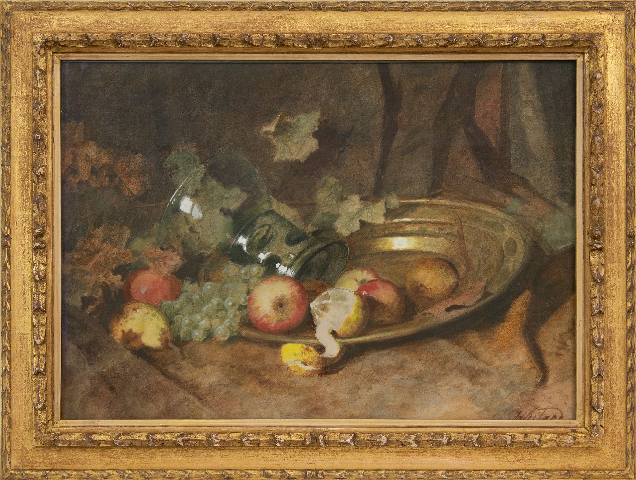 Weiland J.  | Johannes Weiland | Aquarellen en tekeningen te koop aangeboden | Stilleven met fruit op een schaal, aquarel op papier 70,0 x 50,0 cm, gesigneerd rechtsonder