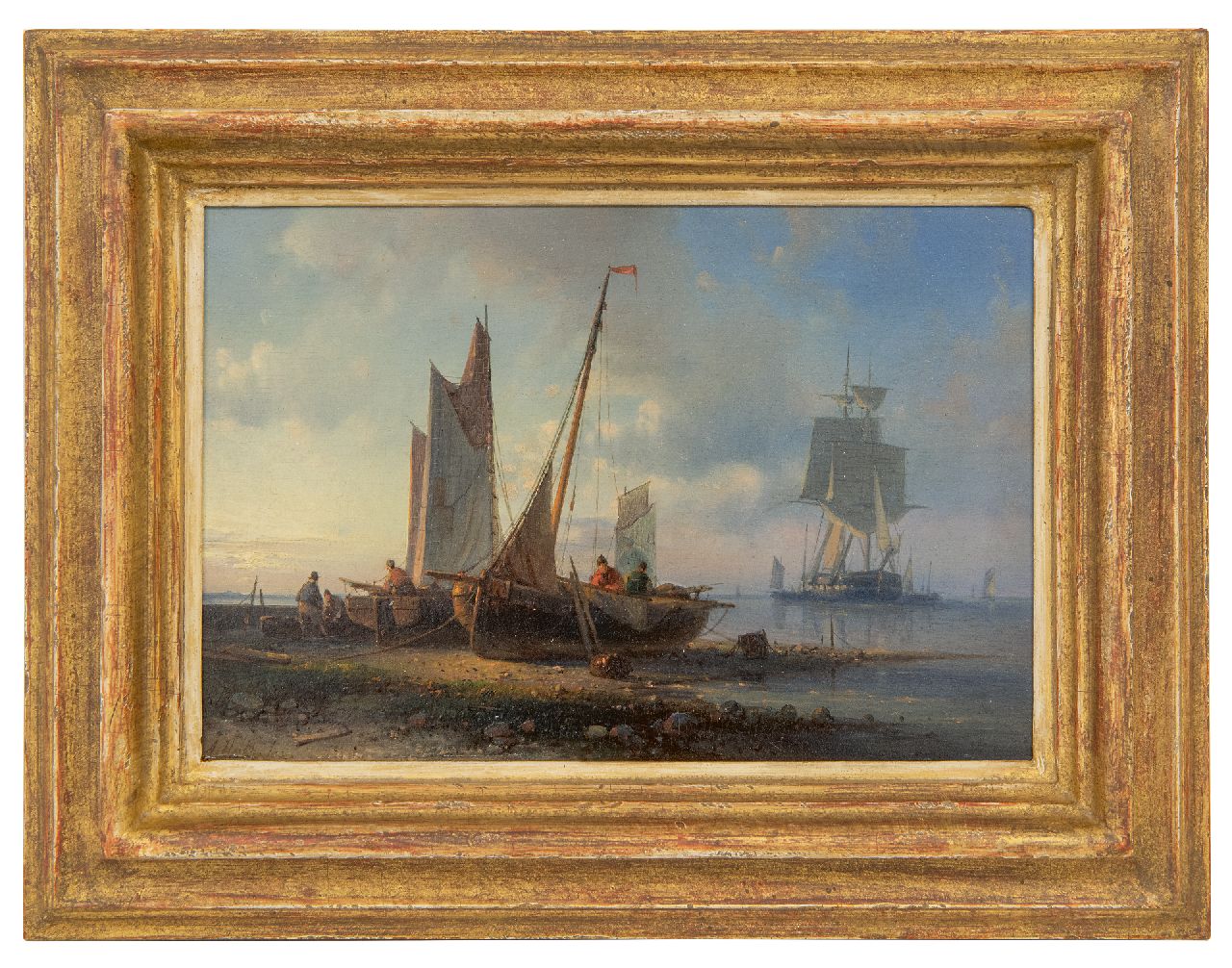 Hulk A. | Abraham Hulk | Schilderijen te koop aangeboden | Kustgezicht met voor anker liggend fregat en vissersscheepjes op het droge, olieverf op paneel 16,4 x 24,4 cm, gesigneerd linksonder Hulk A. | Abraham Hulk | Schilderijen te koop aangeboden | Kustgezicht met voor anker liggend fregat en vissersscheepjes op het droge, olieverf op paneel 16,4 x 24,4 cm, gesigneerd linksonder