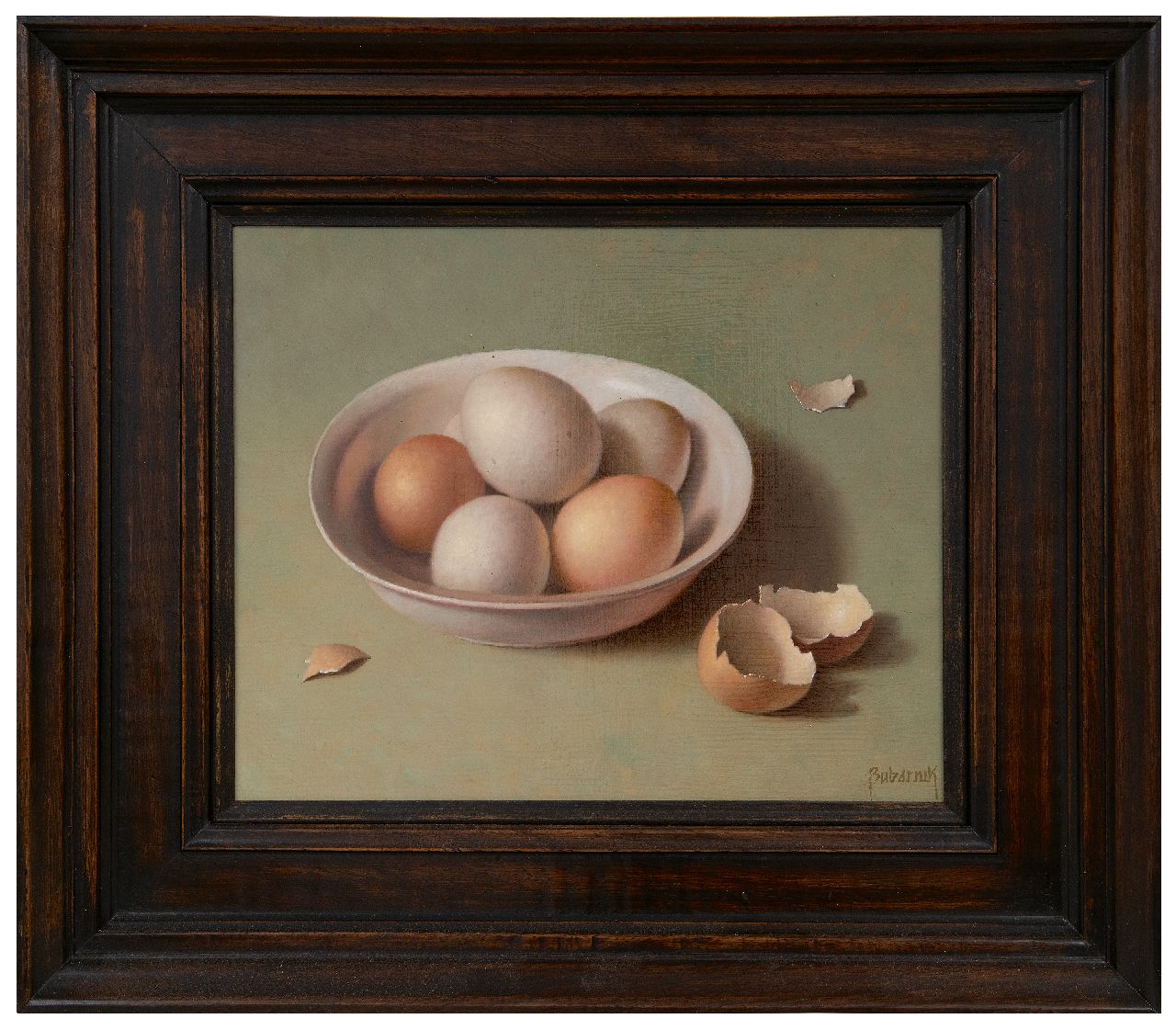 Bubarnik G. | Gyula Bubarnik | Schilderijen te koop aangeboden | Stilleven van een kom met eieren, olieverf op paneel 24,0 x 30,0 cm, gesigneerd rechtsonder Bubarnik G. | Gyula Bubarnik | Schilderijen te koop aangeboden | Stilleven van een kom met eieren, olieverf op paneel 24,0 x 30,0 cm, gesigneerd rechtsonder