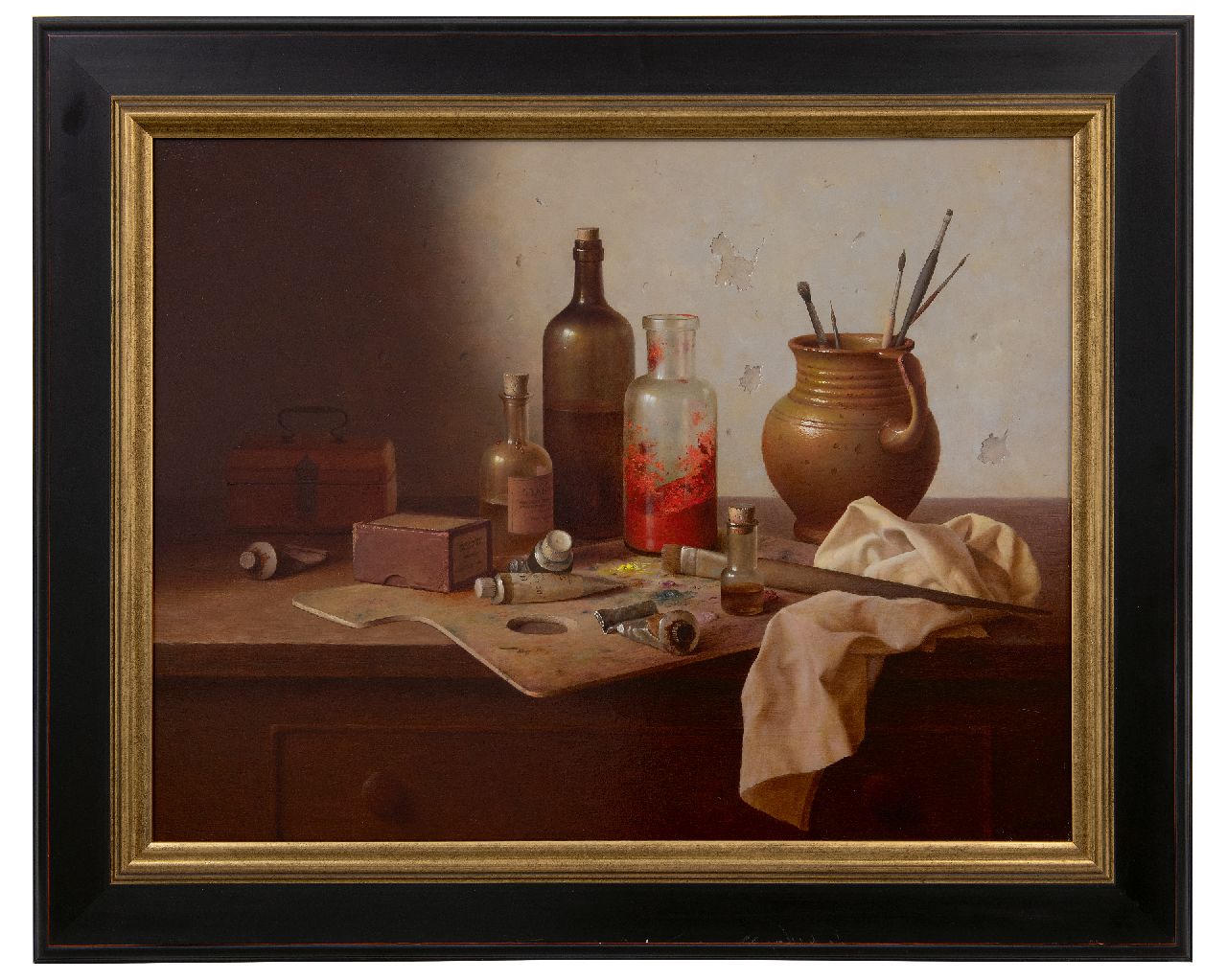 Bubarnik A.G. | Andreas Gyula Bubarnik | Schilderijen te koop aangeboden | Stilleven van schildersattributen op werkbank, olieverf op paneel 50,0 x 65,0 cm, gesigneerd rechtsonder Bubarnik A.G. | Andreas Gyula Bubarnik | Schilderijen te koop aangeboden | Stilleven van schildersattributen op werkbank, olieverf op paneel 50,0 x 65,0 cm, gesigneerd rechtsonder