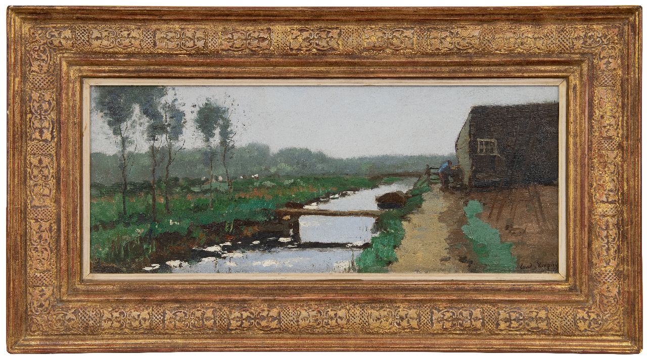 Kuijpers C.  | Cornelis Kuijpers | Schilderijen te koop aangeboden | Landschap met boer en boerenschuur bij een sloot, olieverf op doek 24,6 x 57,8 cm, gesigneerd rechtsonder