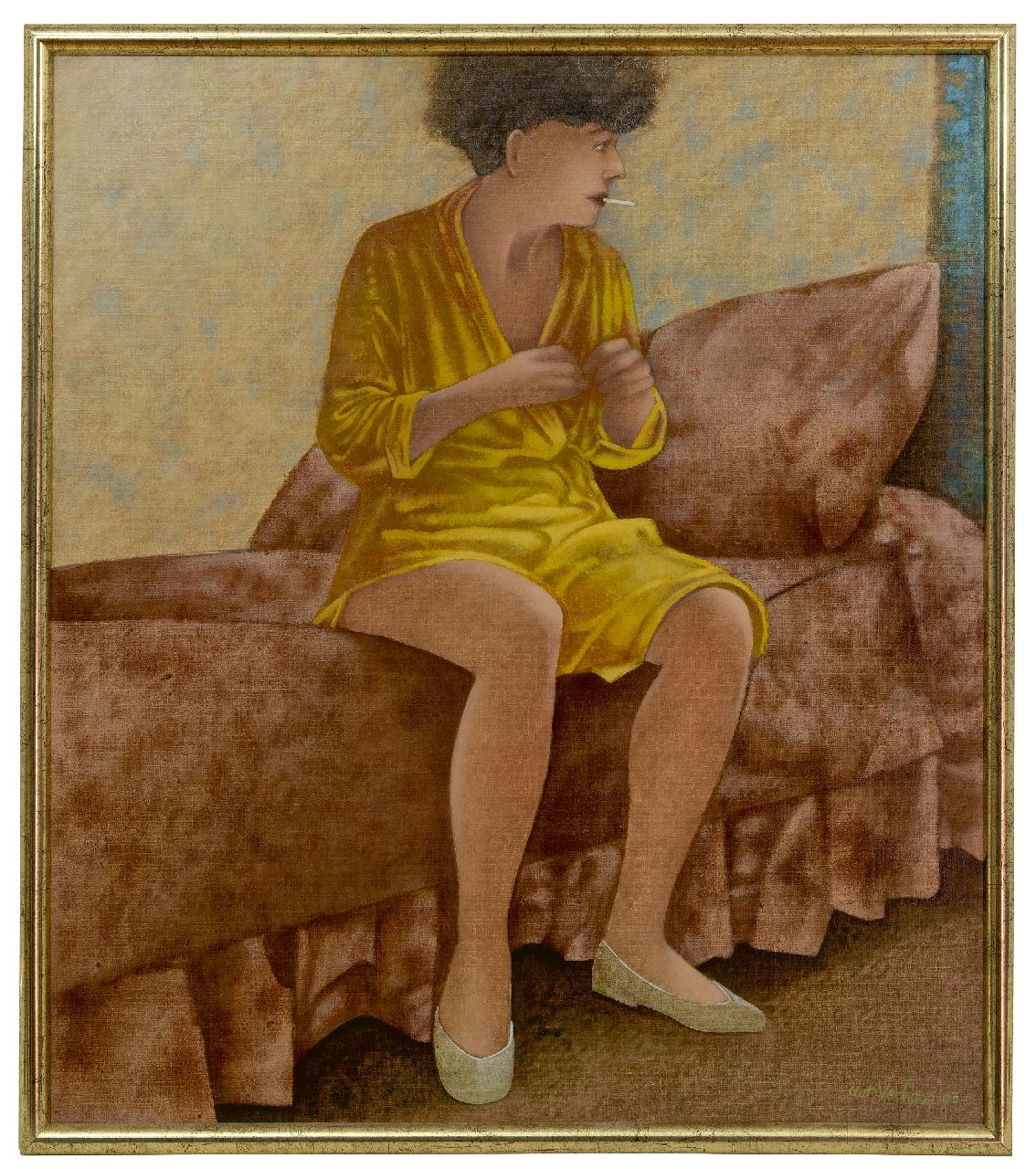 Verhoog A.  | Adrianus 'Aat' Verhoog | Schilderijen te koop aangeboden | Rokende vrouw op roze bed, olieverf op doek 80,0 x 70,0 cm, gesigneerd rechtsonder en gedateerd '93