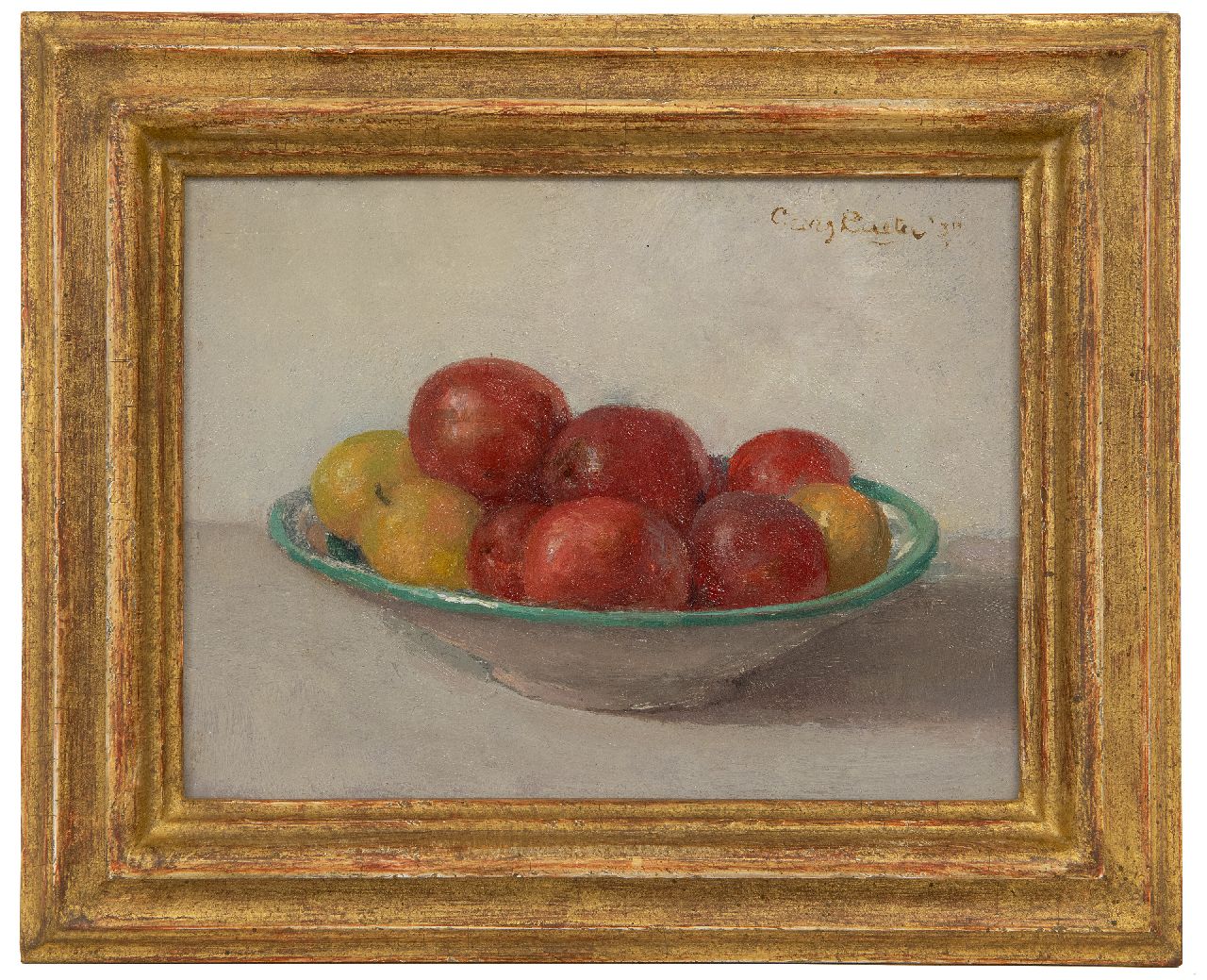 Rueter W.C.G.  | Wilhelm Christian 'Georg' Rueter | Schilderijen te koop aangeboden | Stilleven van fruit op een schaaltje, olieverf op paneel 17,6 x 23,3 cm, gesigneerd rechtsboven en gedateerd '37