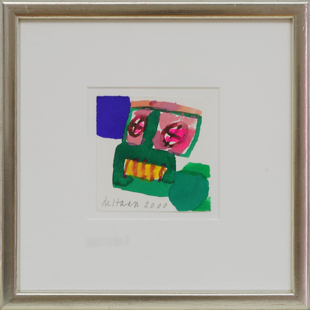 Haan J. de | Jurjen de Haan | Aquarellen en tekeningen te koop aangeboden | Compositie met kop, gouache op papier 12,2 x 12,0 cm, gesigneerd linksonder en gedateerd 2000
