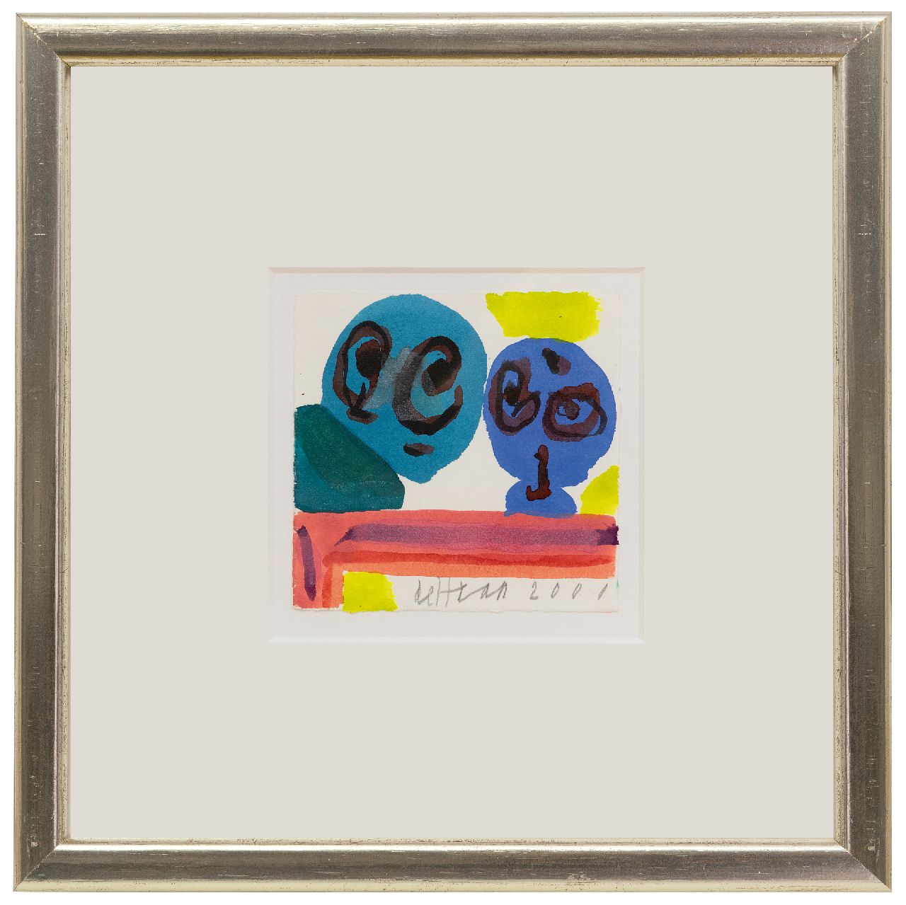 Haan J. de | Jurjen de Haan | Aquarellen en tekeningen te koop aangeboden | Twee figuren, gouache op papier 12,0 x 12,2 cm, gesigneerd middenonder en gedateerd 2001