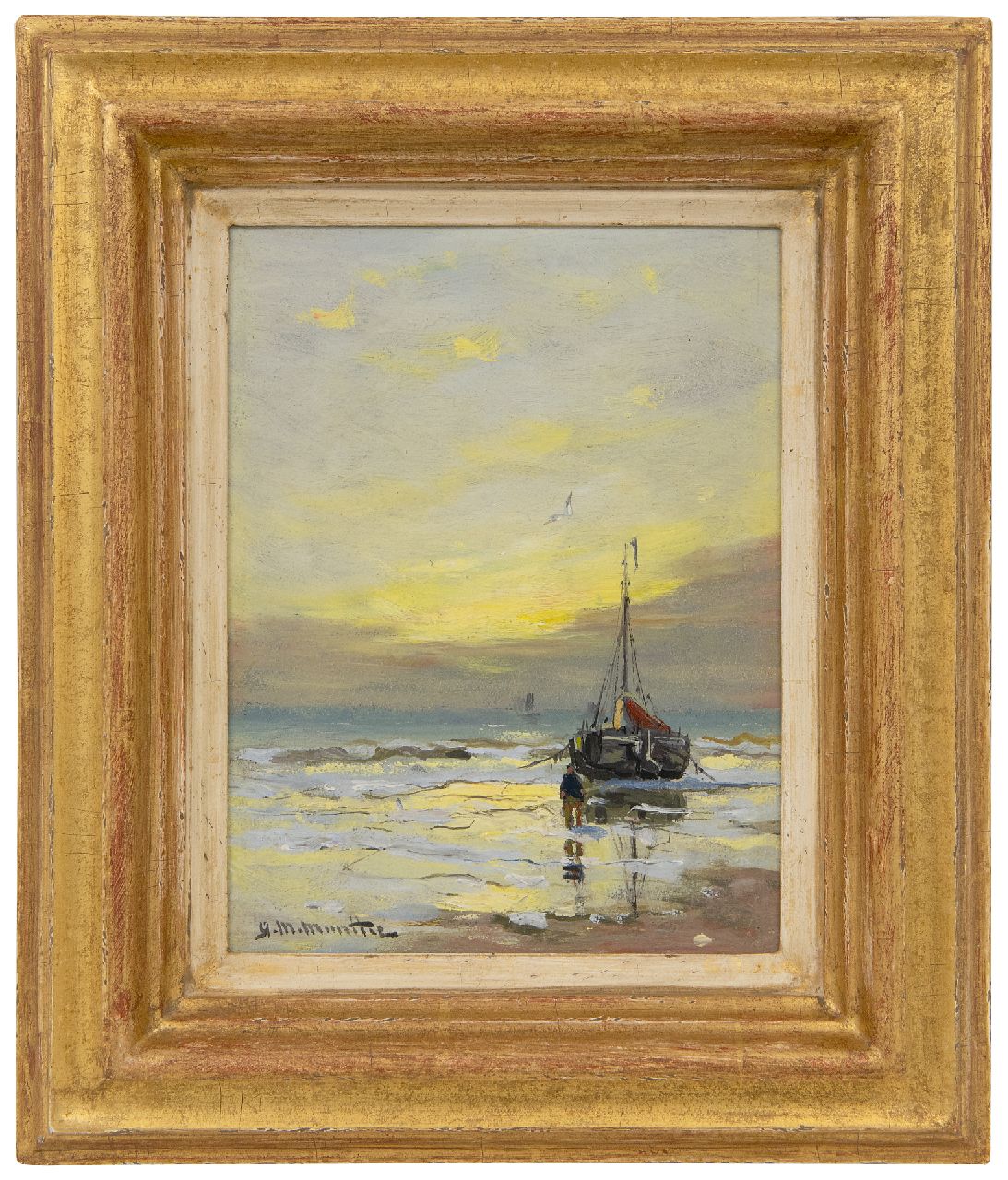 Munthe G.A.L. | Gerhard Arij Ludwig 'Morgenstjerne' Munthe | Schilderijen te koop aangeboden | Bomschuit met visser bij zonsondergang, olieverf op schildersboard 20,0 x 14,8 cm, gesigneerd linksonder Munthe G.A.L. | Gerhard Arij Ludwig 'Morgenstjerne' Munthe | Schilderijen te koop aangeboden | Bomschuit met visser bij zonsondergang, olieverf op schildersboard 20,0 x 14,8 cm, gesigneerd linksonder