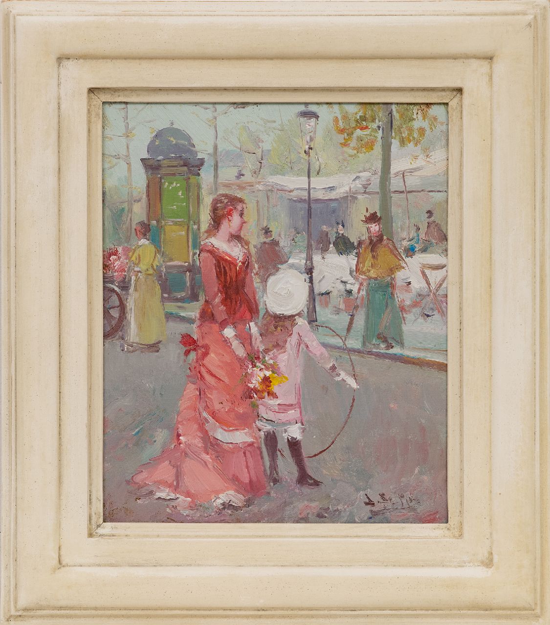 Soler J. | Juan Soler | Schilderijen te koop aangeboden | Wandelaars op een Parijse boulevard, olieverf op paneel 27,2 x 22,0 cm, gesigneerd rechtsonder Soler J. | Juan Soler | Schilderijen te koop aangeboden | Wandelaars op een Parijse boulevard, olieverf op paneel 27,2 x 22,0 cm, gesigneerd rechtsonder