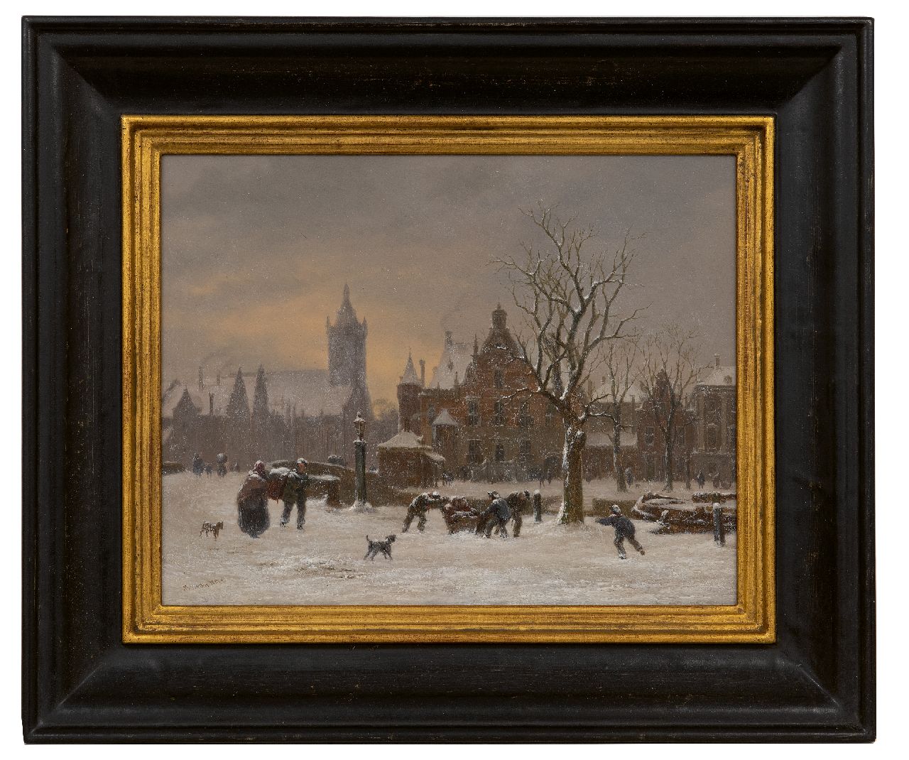Hove B.J. van | Bartholomeus Johannes 'Bart' van Hove | Schilderijen te koop aangeboden | Winters stadsgezicht met de Oude Kerk in Delft, olieverf op paneel 24,7 x 31,5 cm, gesigneerd linksonder Hove B.J. van | Bartholomeus Johannes 'Bart' van Hove | Schilderijen te koop aangeboden | Winters stadsgezicht met de Oude Kerk in Delft, olieverf op paneel 24,7 x 31,5 cm, gesigneerd linksonder
