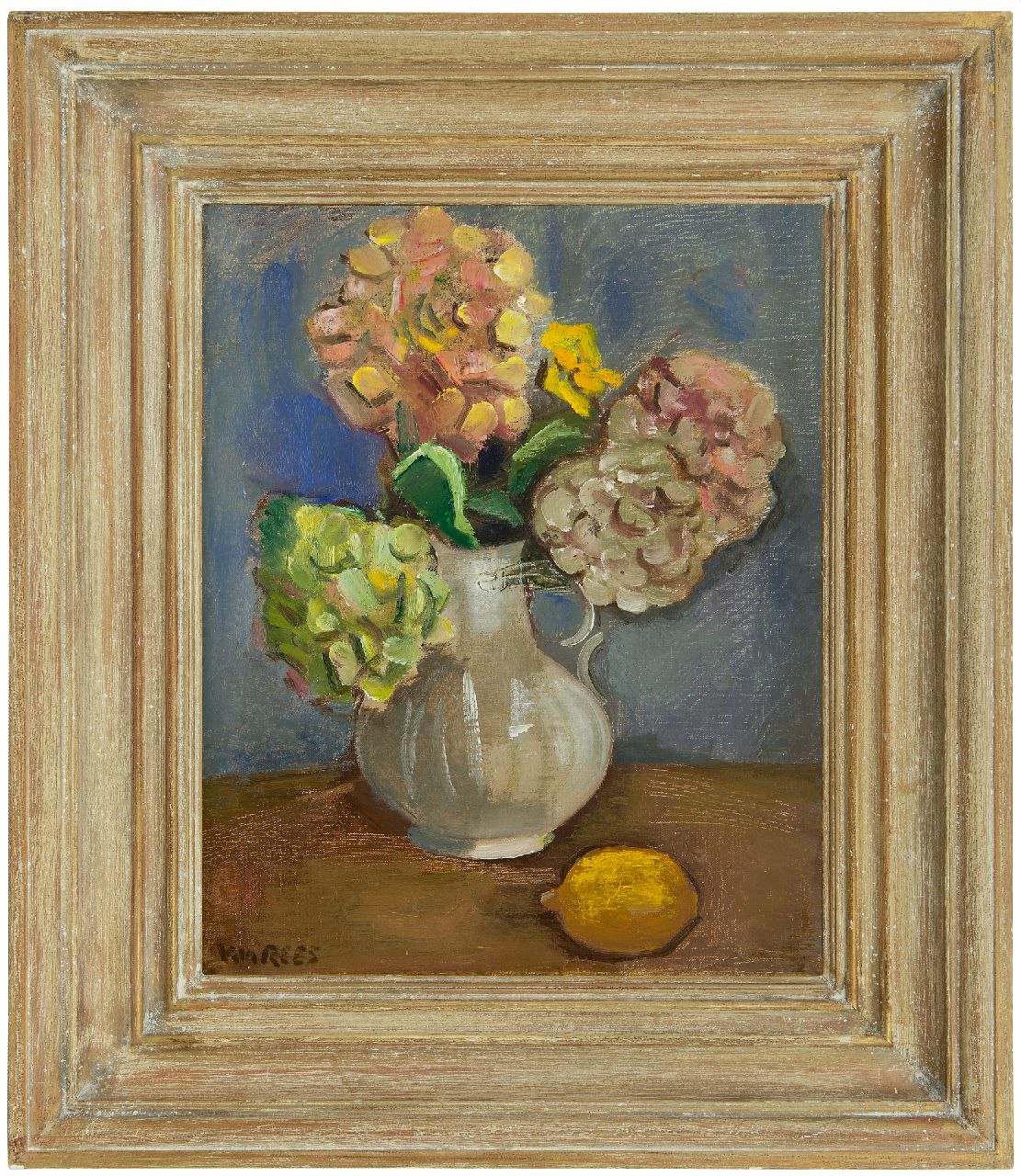 Rees O. van | Otto van Rees | Schilderijen te koop aangeboden | Stilleven met hortensia's en citroen, olieverf op doek 50,5 x 40,5 cm, gesigneerd linksonder Rees O. van | Otto van Rees | Schilderijen te koop aangeboden | Stilleven met hortensia's en citroen, olieverf op doek 50,5 x 40,5 cm, gesigneerd linksonder