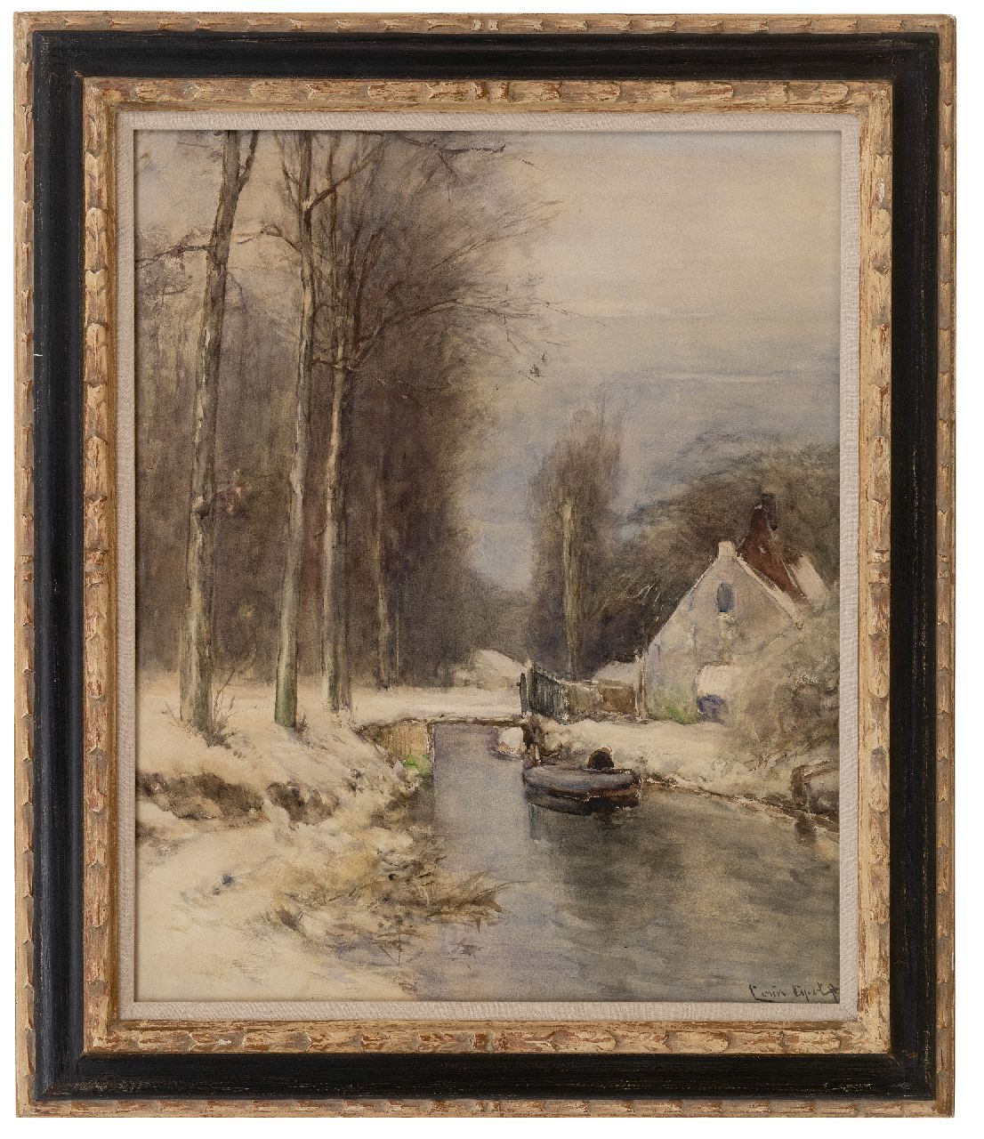 Apol L.F.H.  | Lodewijk Franciscus Hendrik 'Louis' Apol | Aquarellen en tekeningen te koop aangeboden | Huisje aan besneeuwde vaart, gouache op papier 58,0 x 47,0 cm, gesigneerd rechtsonder