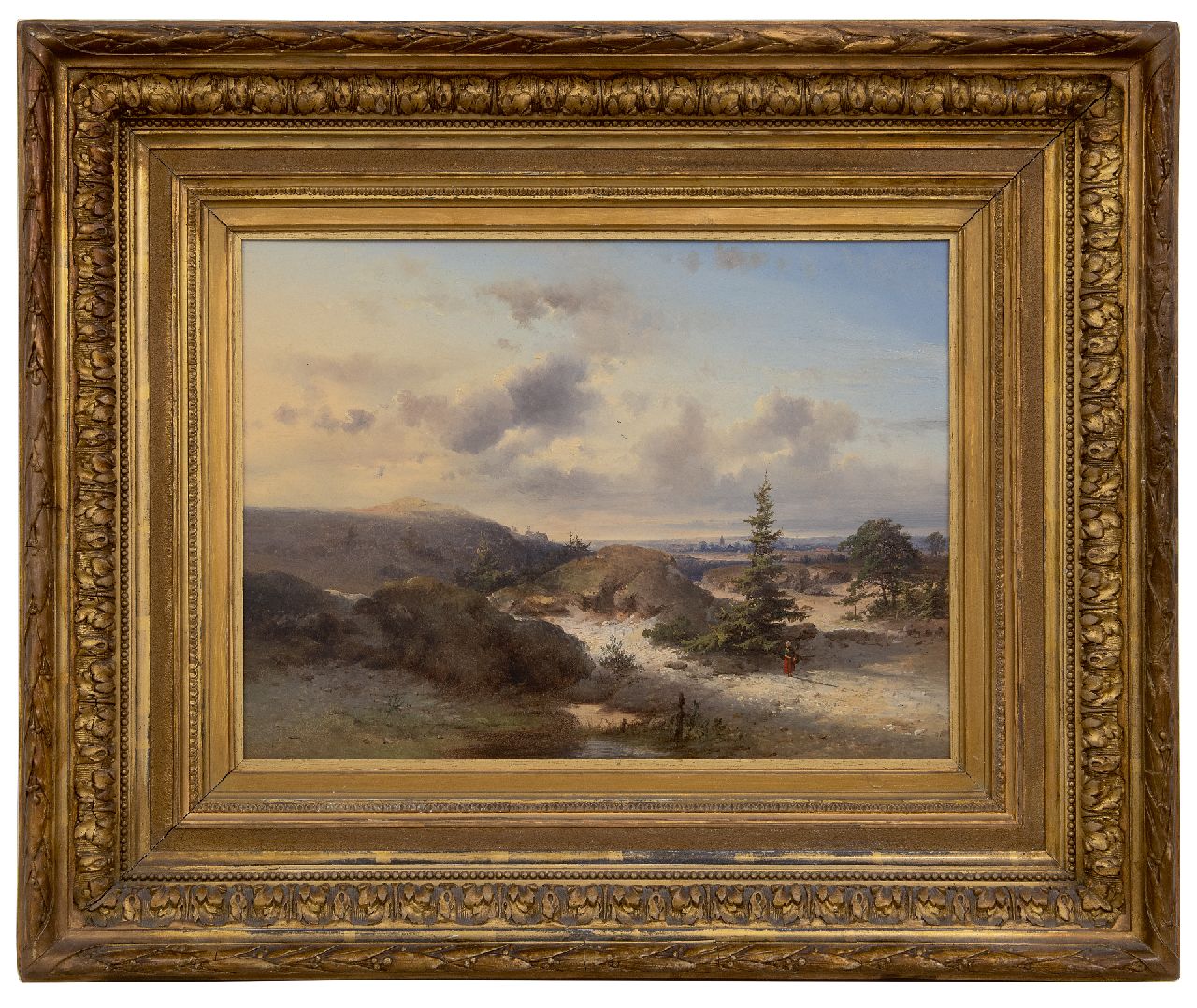 Kluyver P.L.F. | 'Pieter' Lodewijk Francisco Kluyver | Schilderijen te koop aangeboden | Landschap met wandelende vrouw, dorp op achtergrond, olieverf op paneel 34,0 x 47,0 cm, gesigneerd linksonder Kluyver P.L.F. | 'Pieter' Lodewijk Francisco Kluyver | Schilderijen te koop aangeboden | Landschap met wandelende vrouw, dorp op achtergrond, olieverf op paneel 34,0 x 47,0 cm, gesigneerd linksonder
