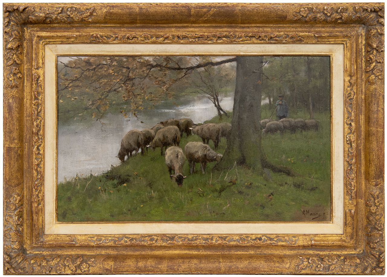 Mauve A. | Anthonij 'Anton' Mauve | Schilderijen te koop aangeboden | Schapen aan de vaart, olieverf op paneel 25,1 x 41,0 cm, gesigneerd rechtsonder Mauve A. | Anthonij 'Anton' Mauve | Schilderijen te koop aangeboden | Schapen aan de vaart, olieverf op paneel 25,1 x 41,0 cm, gesigneerd rechtsonder