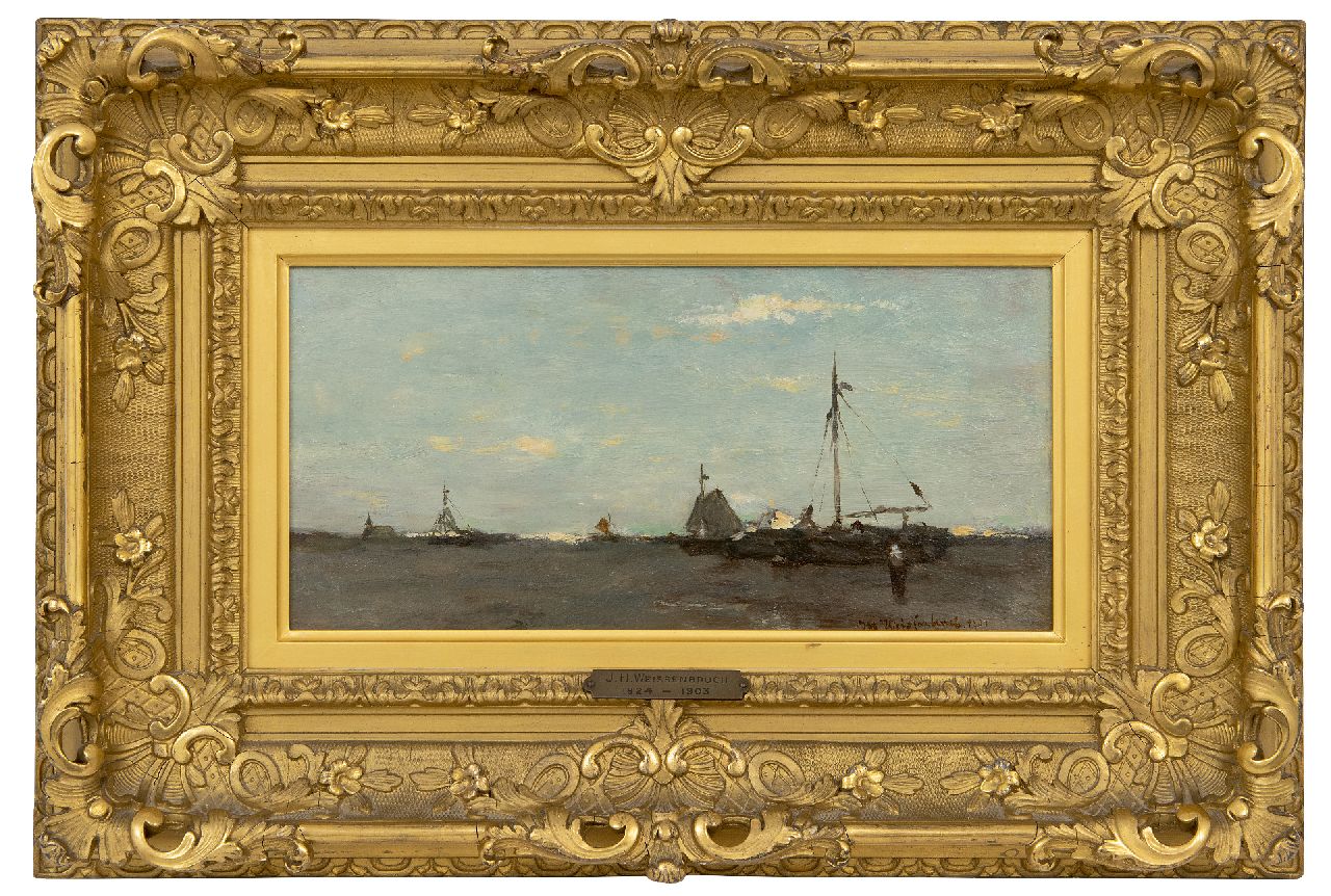 Weissenbruch H.J. | Hendrik Johannes 'J.H.' Weissenbruch | Schilderijen te koop aangeboden | Drooggevallen bomschuiten op het strand van Scheveningen, olieverf op paneel 15,6 x 31,2 cm, gesigneerd rechtsonder en gedateerd 1901 Weissenbruch H.J. | Hendrik Johannes 'J.H.' Weissenbruch | Schilderijen te koop aangeboden | Drooggevallen bomschuiten op het strand van Scheveningen, olieverf op paneel 15,6 x 31,2 cm, gesigneerd rechtsonder en gedateerd 1901