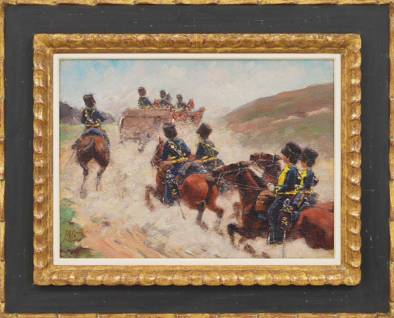 Geerlings J.H. | Jacob Hendrik Geerlings, Gele Rijders op de Deelense heide, olieverf op doek 36,6 x 49,6 cm, gesigneerd linksonder Geerlings J.H. | Jacob Hendrik Geerlings, Gele Rijders op de Deelense heide, olieverf op doek 36,6 x 49,6 cm, gesigneerd linksonder